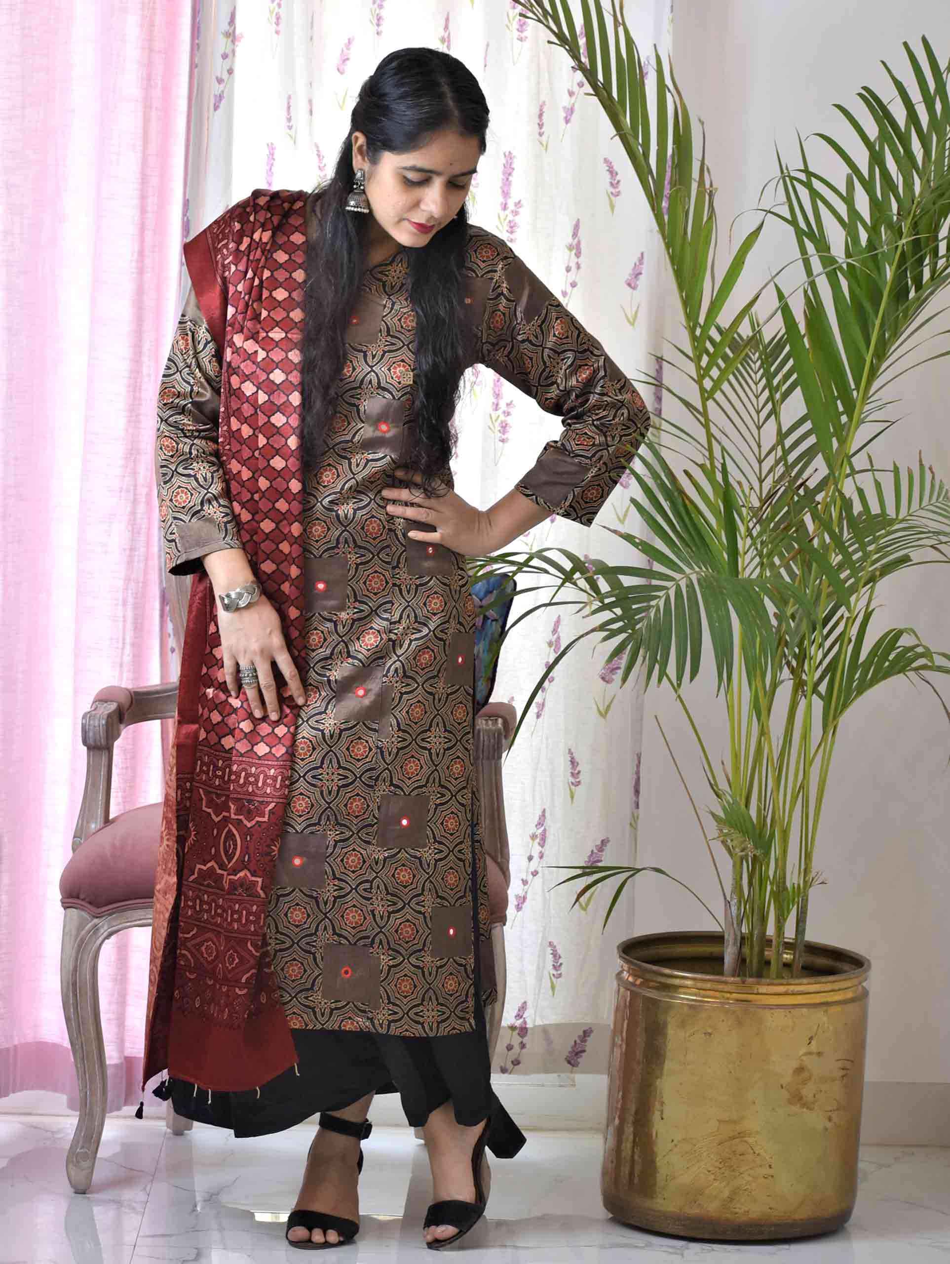 Brown Ajrakh Mashru Silk Kurti