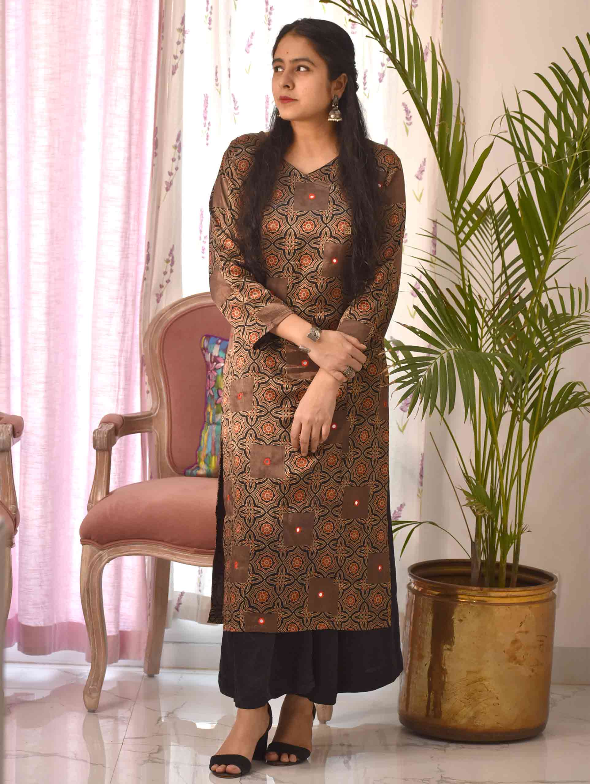 Brown Ajrakh Mashru Silk Kurti