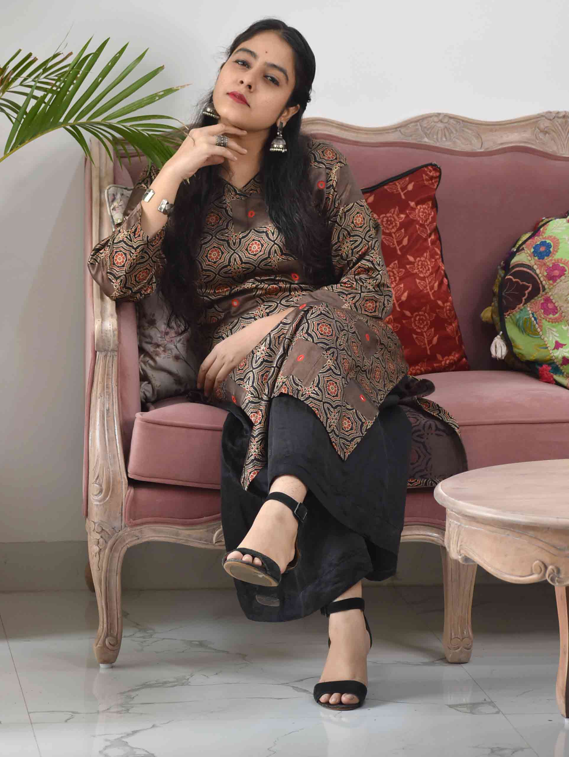 Brown Ajrakh Mashru Silk Kurti