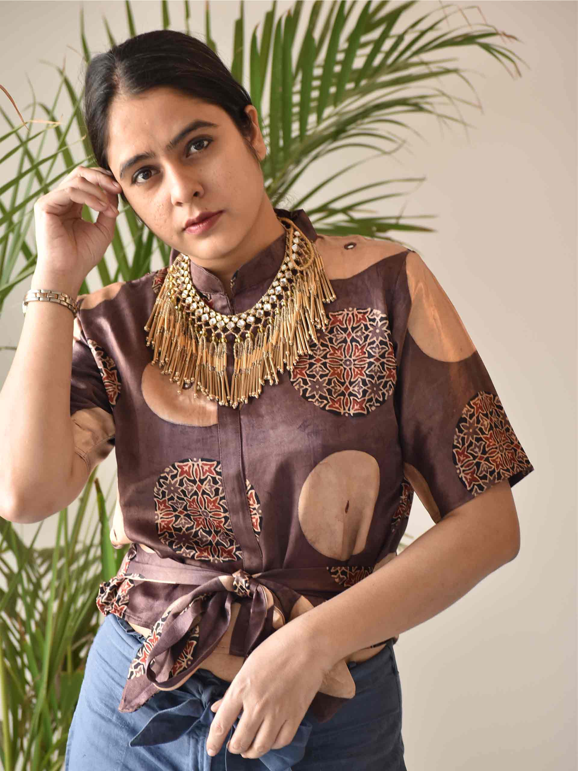 Buy Brown Ajrakh Mashru Silk Belt Blouse Online