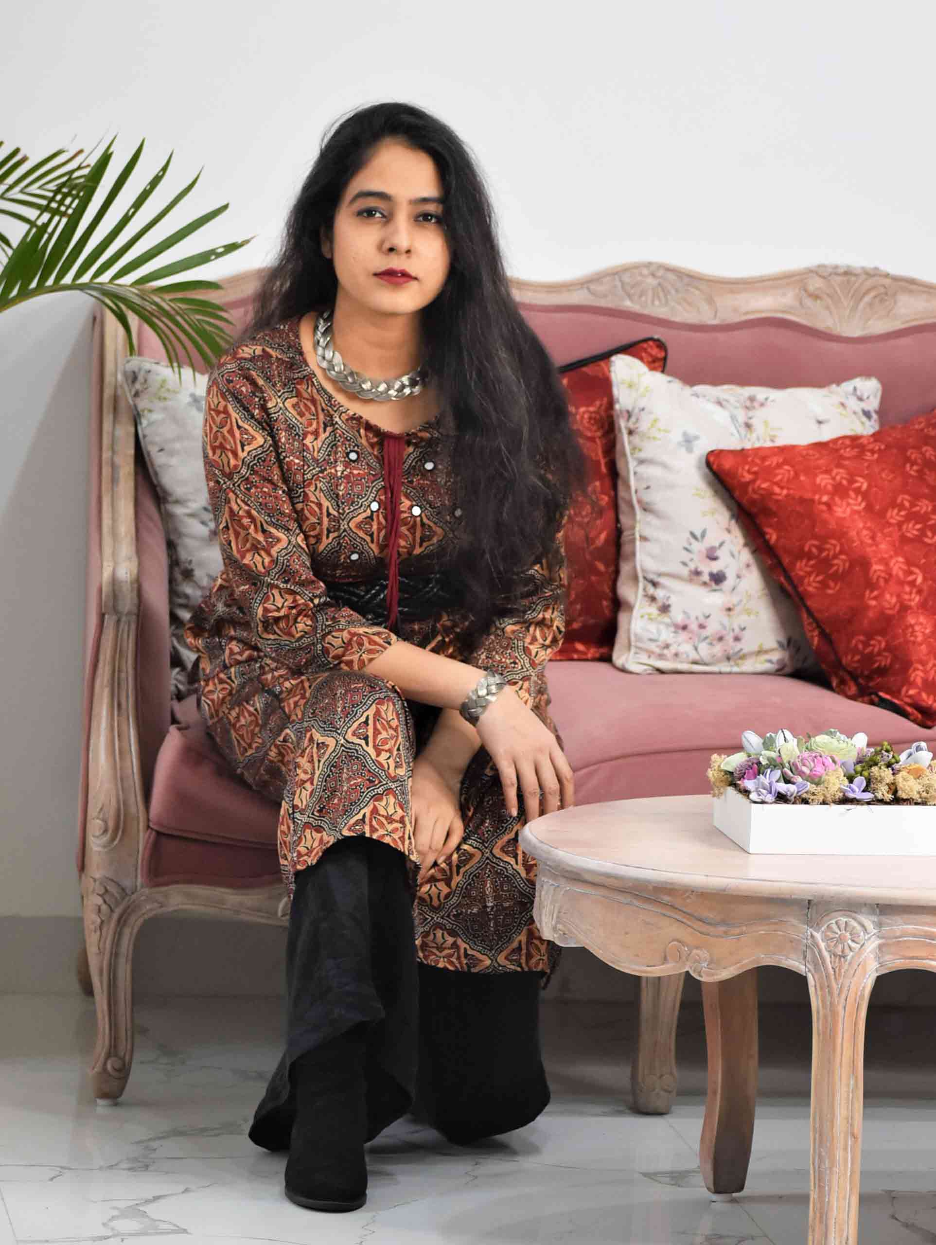 Brown Maroon Ajrakh Mashru Silk Kurti