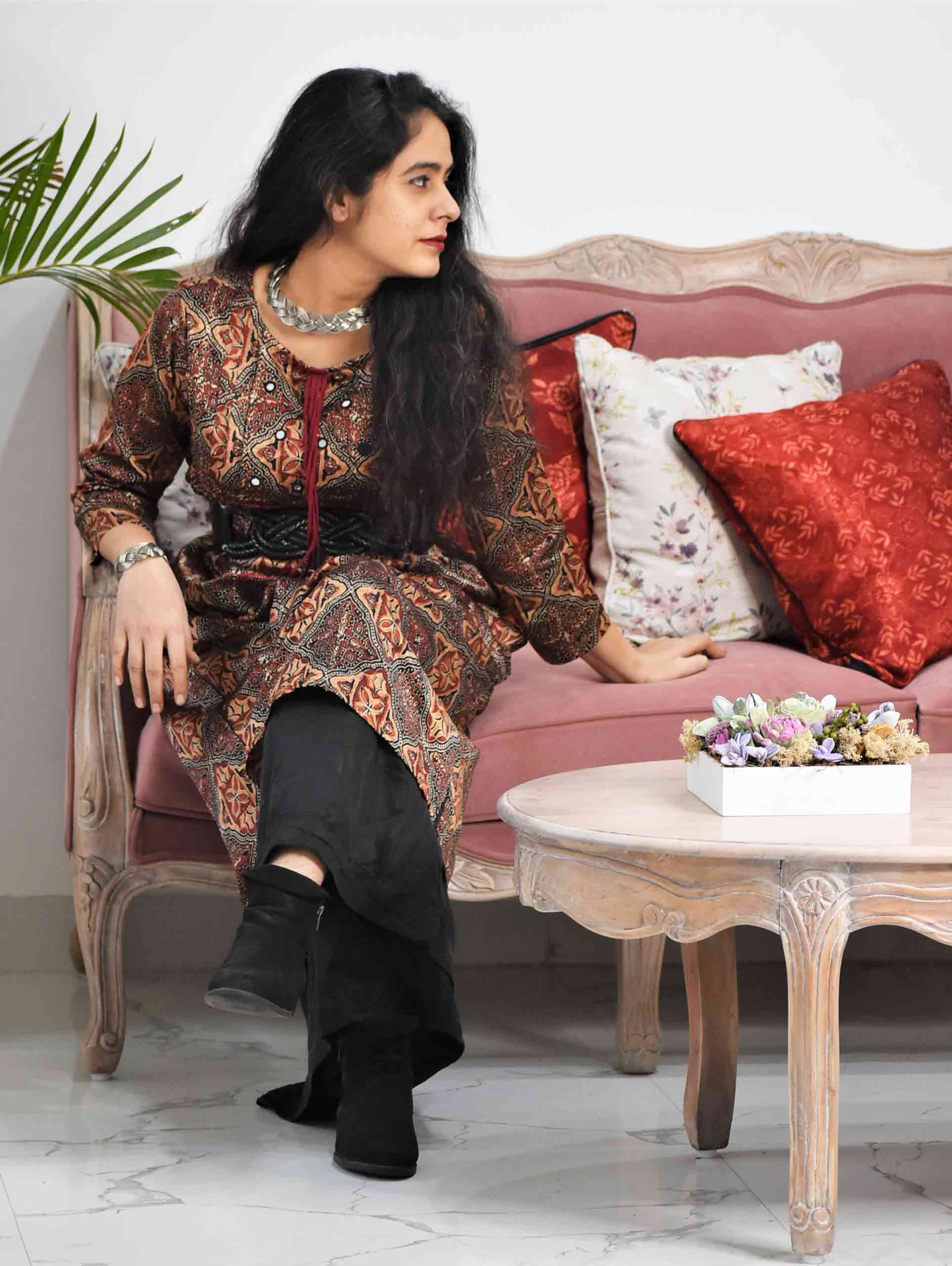 Brown Maroon Ajrakh Mashru Silk Kurti