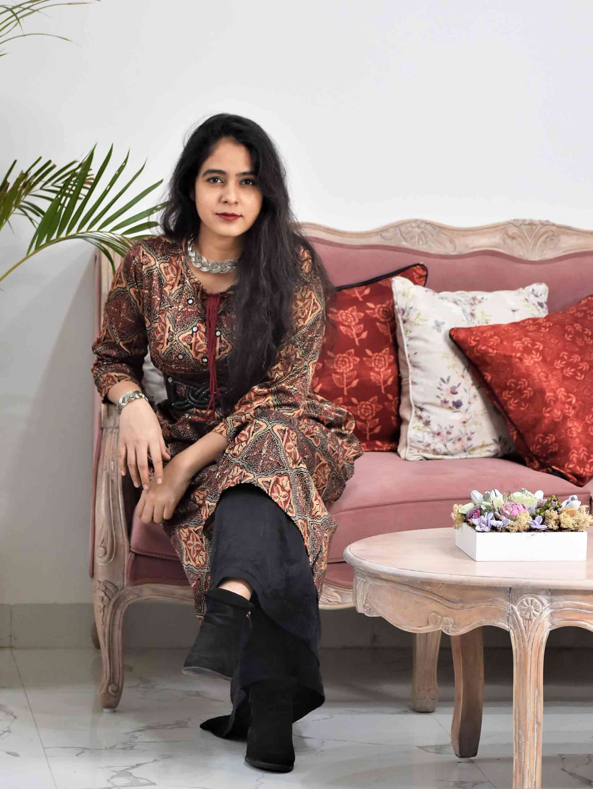 Brown Maroon Ajrakh Mashru Silk Kurti