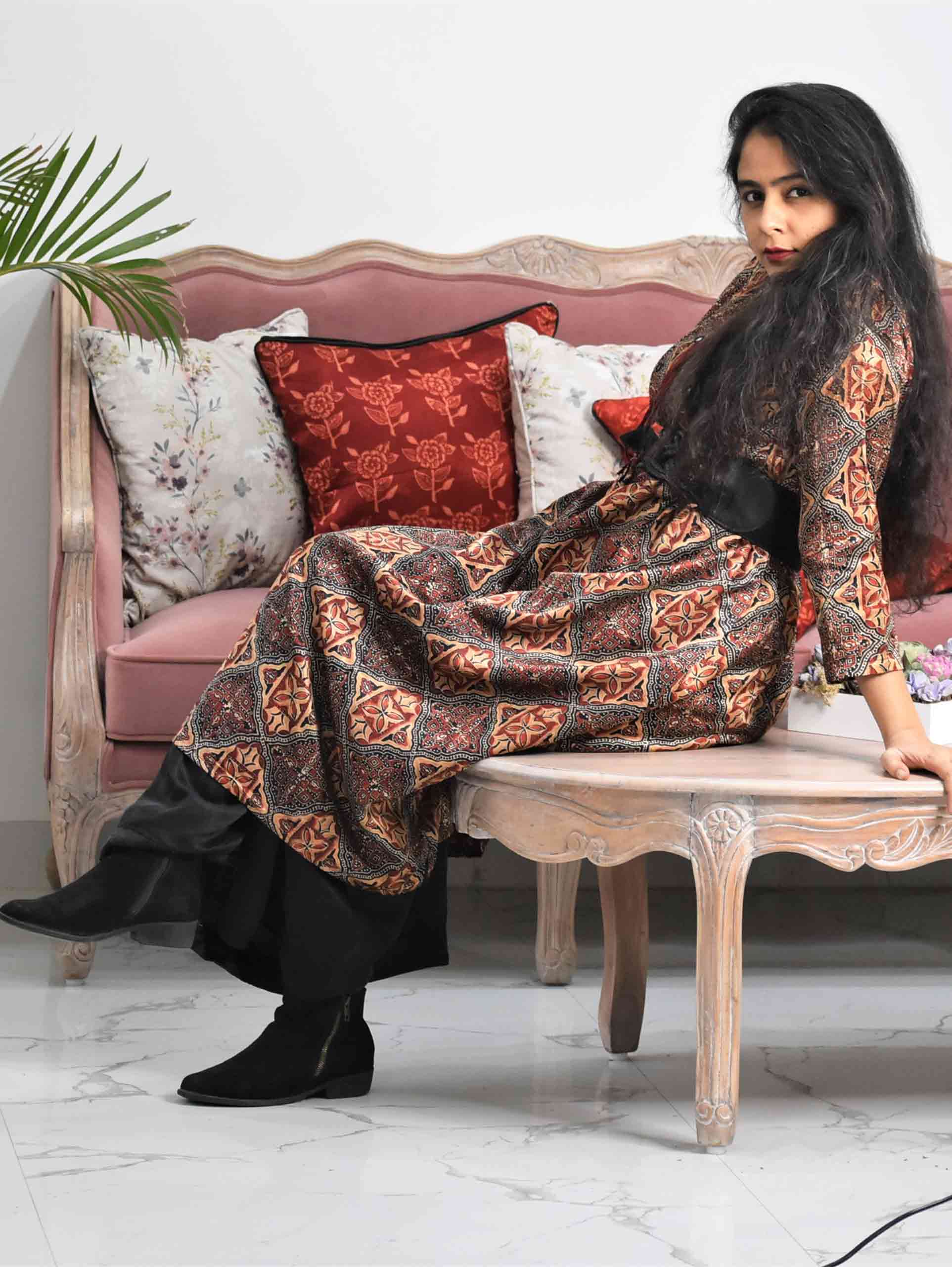 Brown Maroon Ajrakh Mashru Silk Kurti Designer Dress