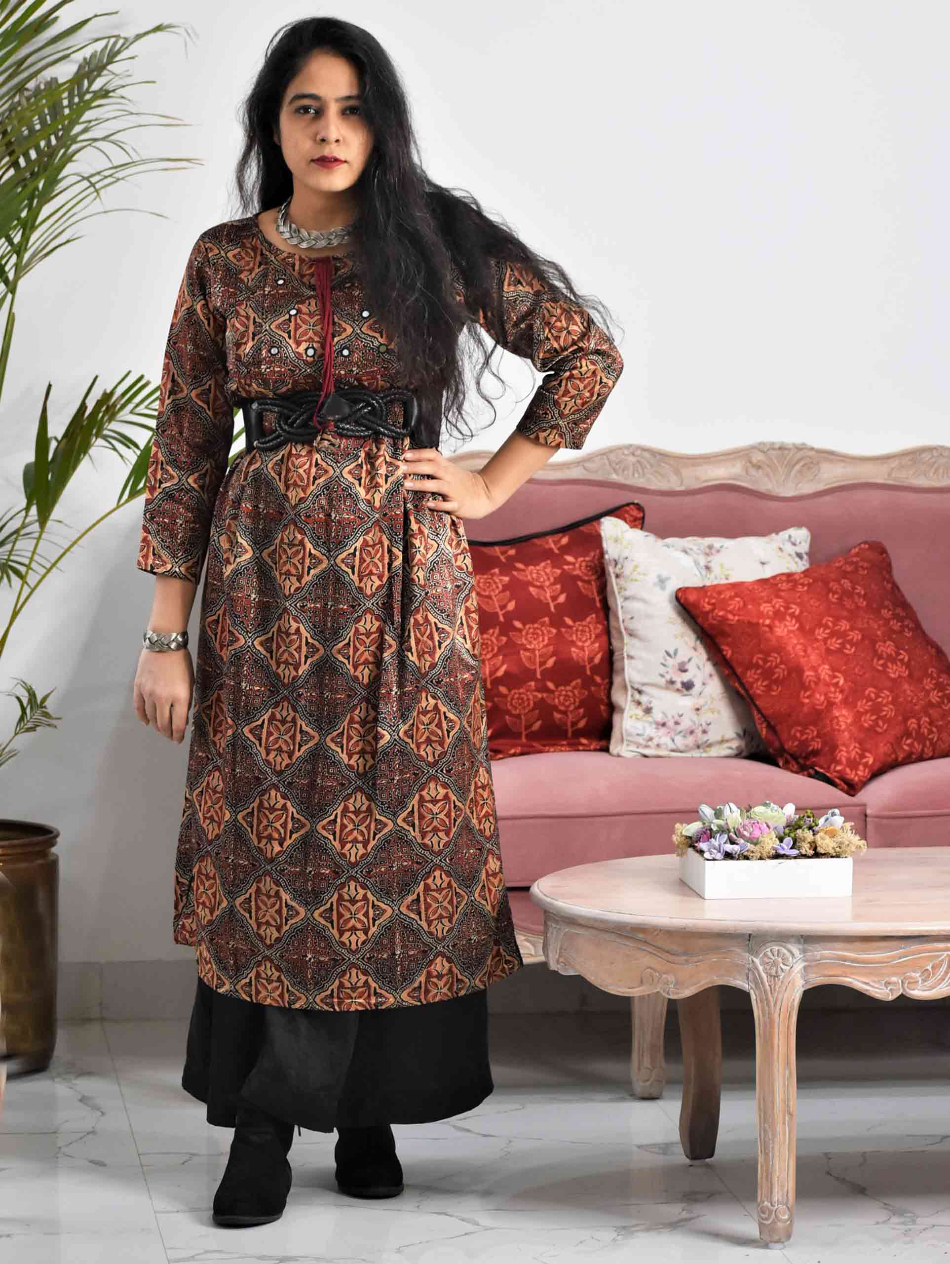 Brown Maroon Ajrakh Mashru Silk Kurti
