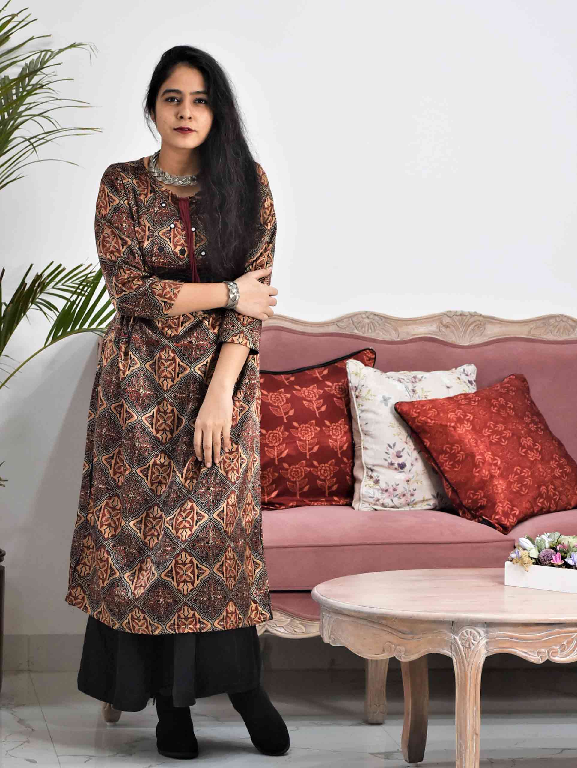 Brown Maroon Ajrakh Mashru Silk Kurti