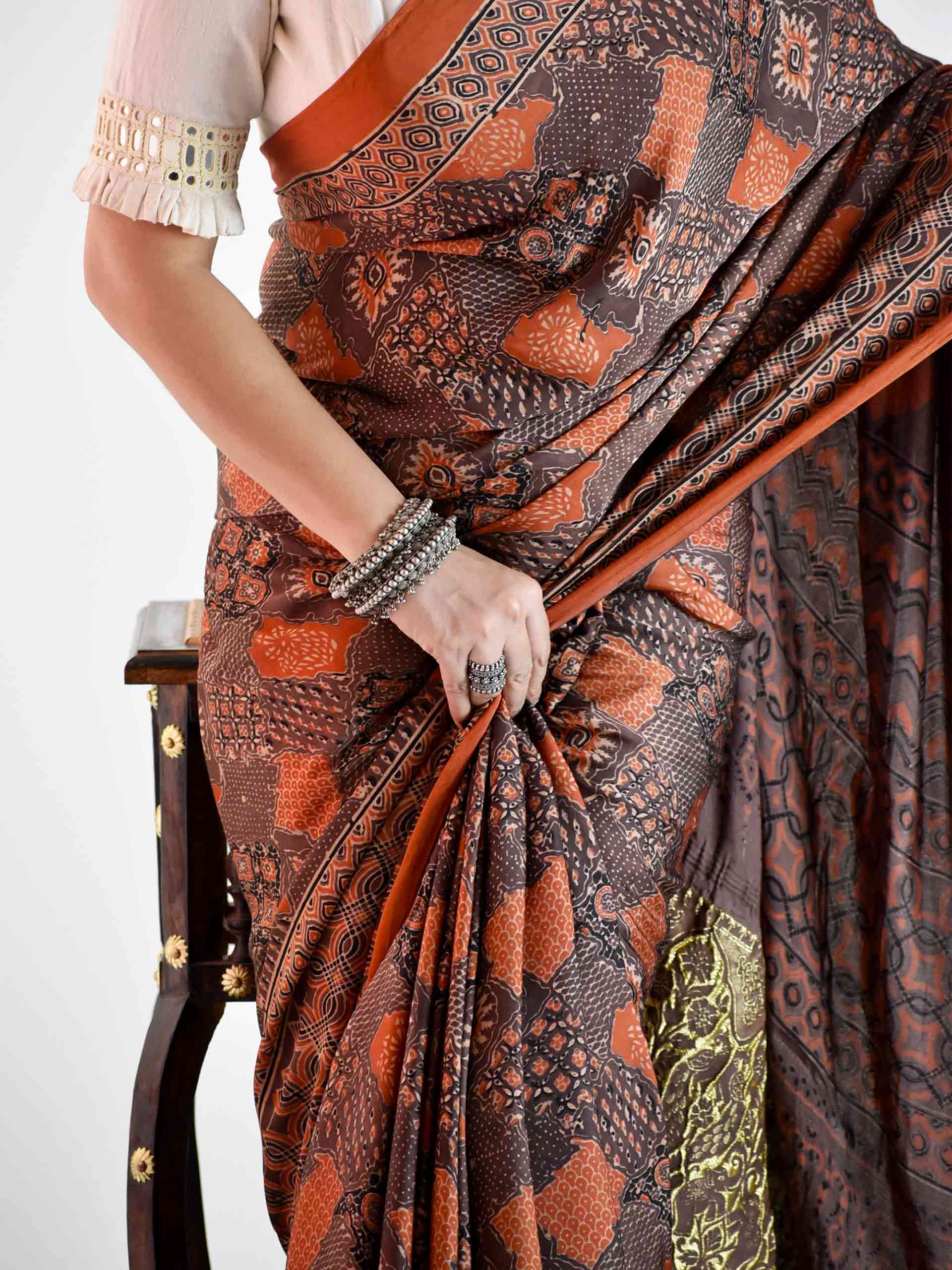 Buy Ajrakh Hand Block Printed Modal Silk Saree Online