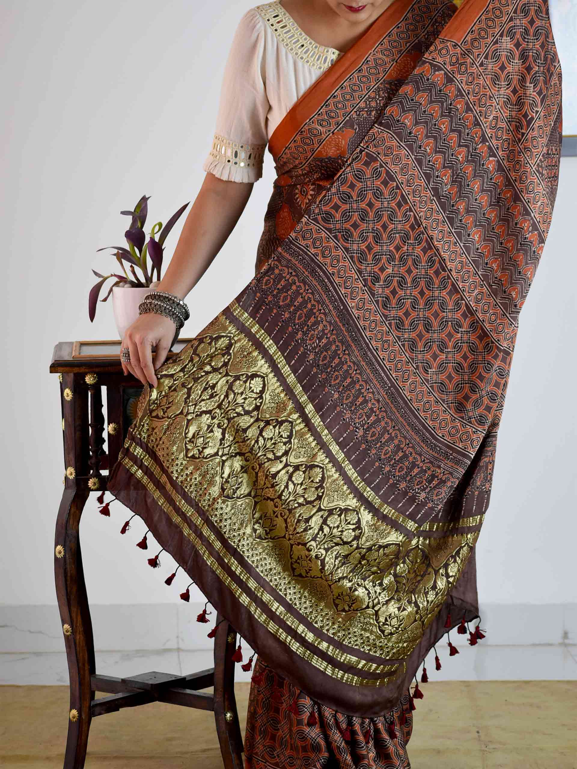 Buy Ajrakh Hand Block Printed Modal Silk Saree Online