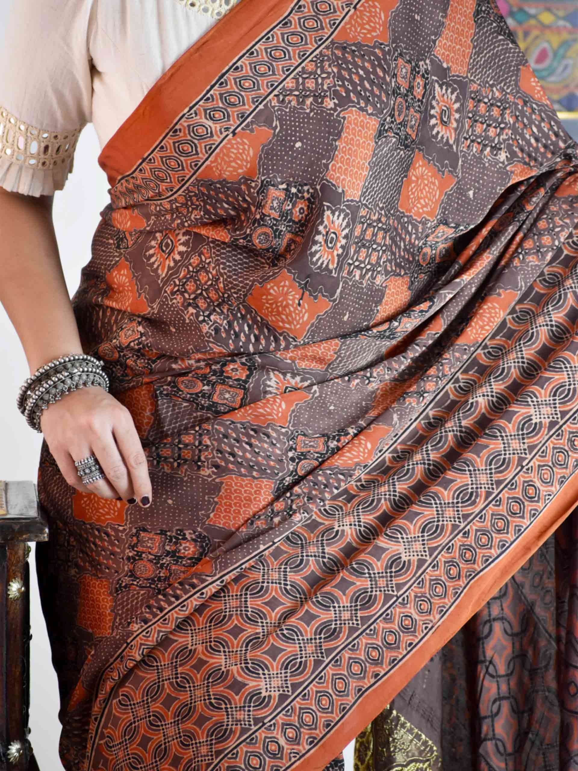 Buy Ajrakh Hand Block Printed Modal Silk Saree Online