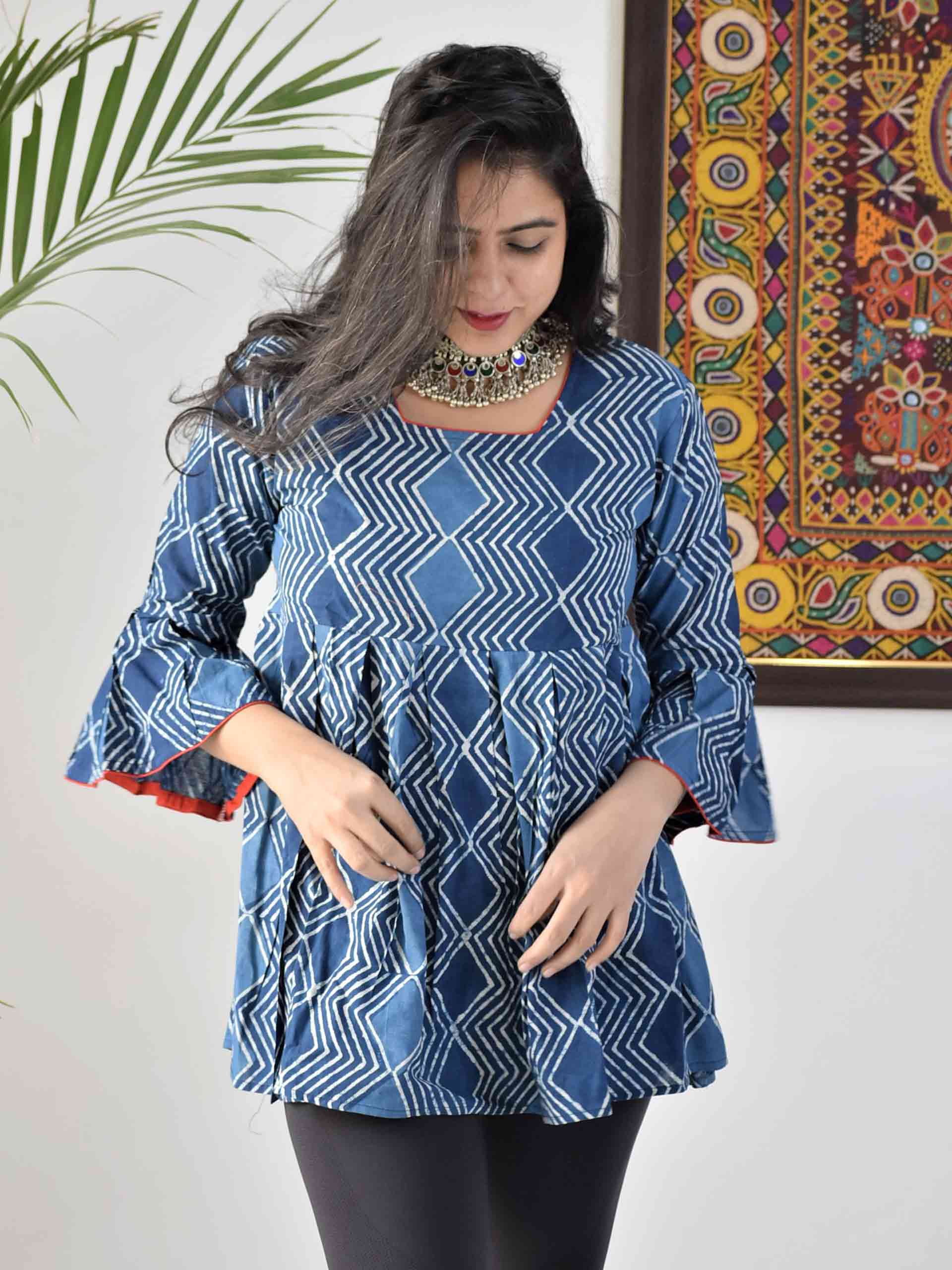 Buy Indigo Dabu hand block printed cotton long flared top Online