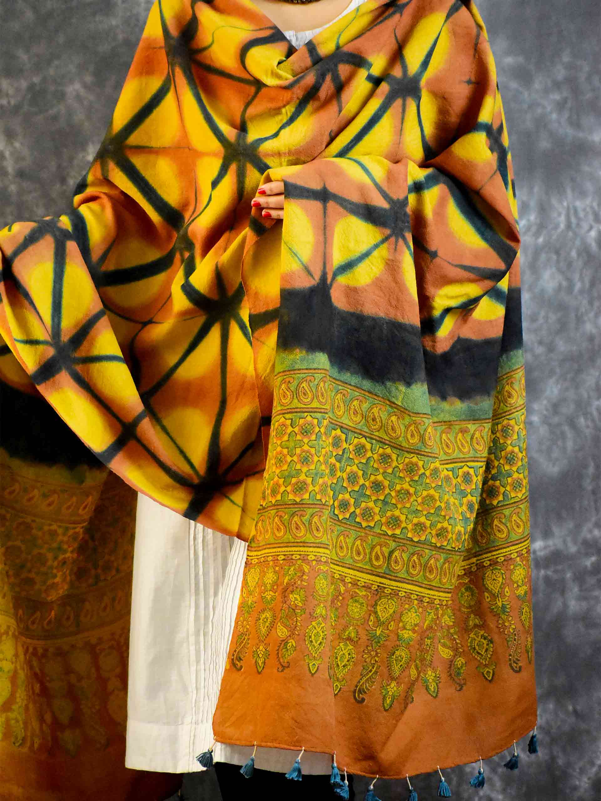 Buy Ajrakh Clam Dyed Handloom Merino Wool Shawl Online