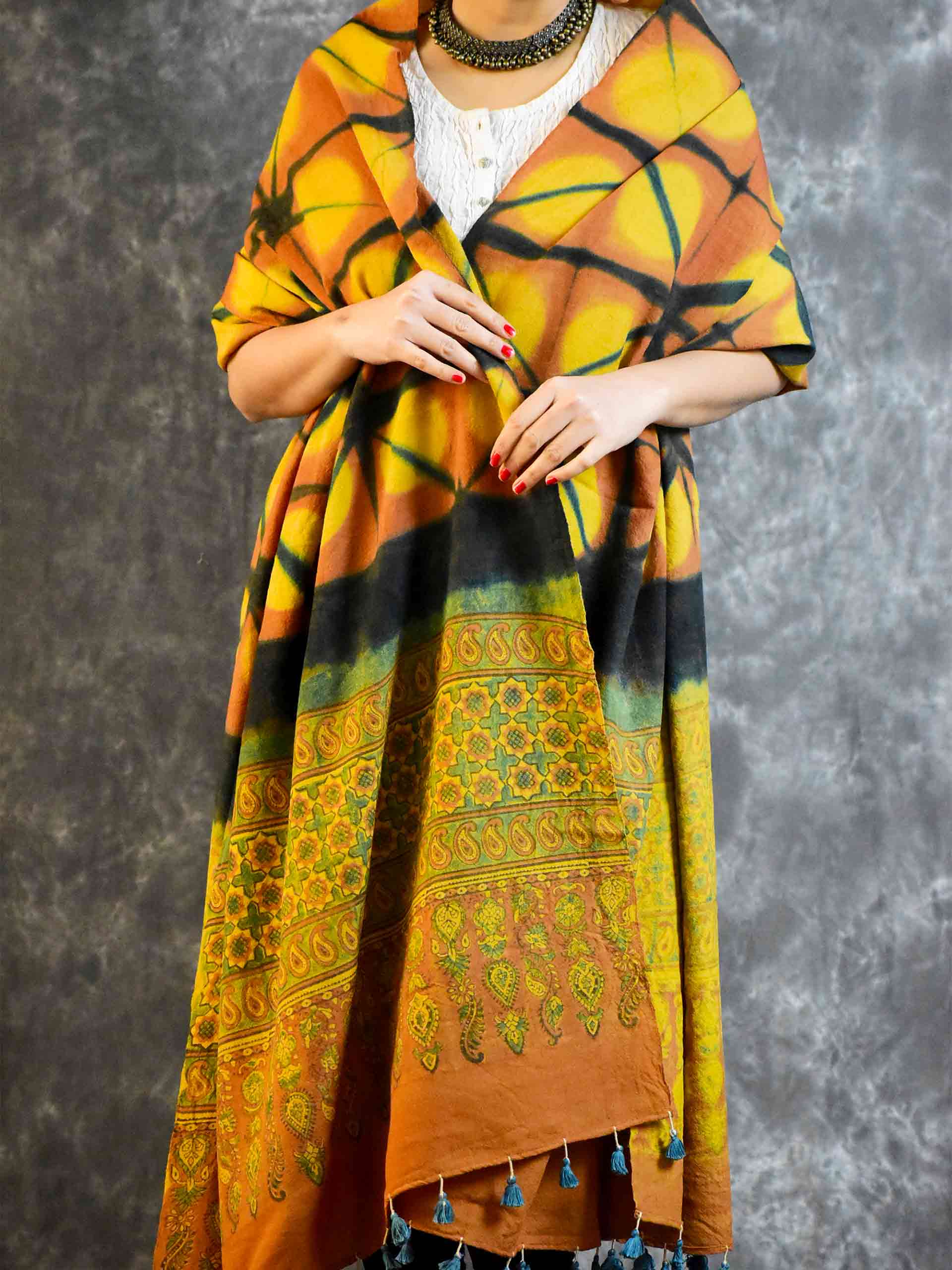 Buy Ajrakh Clam Dyed Handloom Merino Wool Shawl Online