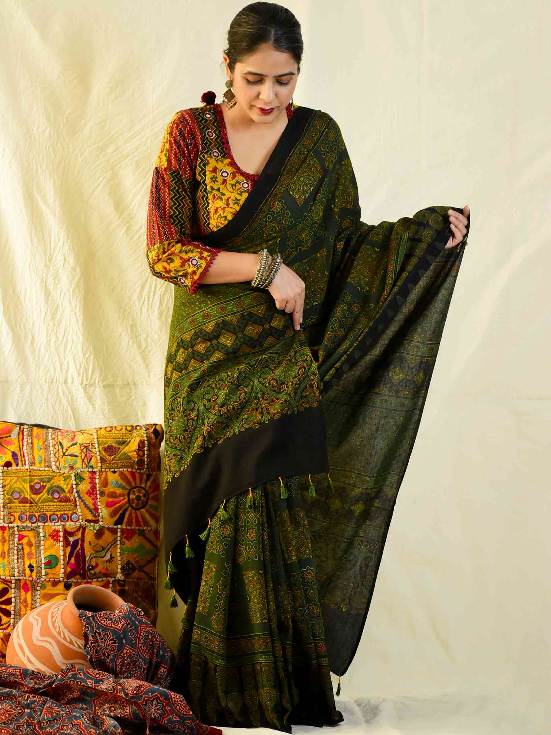Mizaj -  Ajrakh hand block printed mul cotton saree
