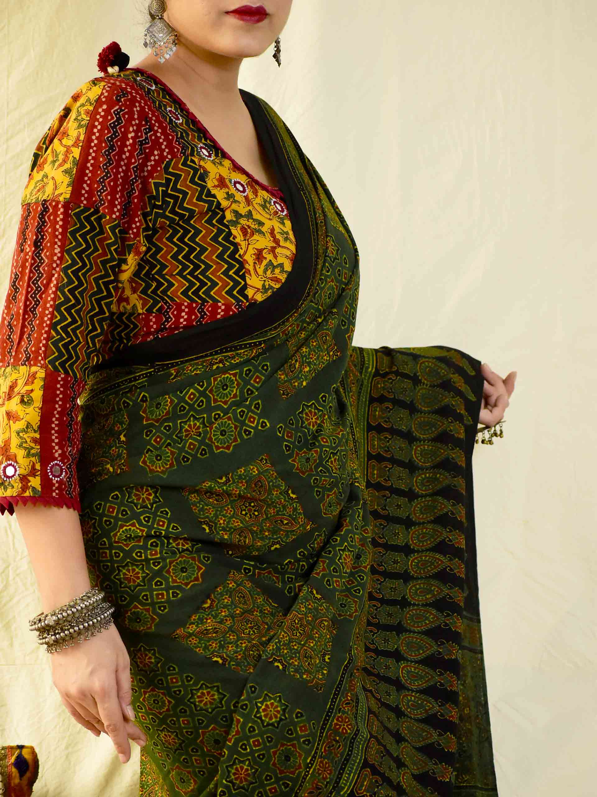 Mizaj -  Ajrakh hand block printed mul cotton saree