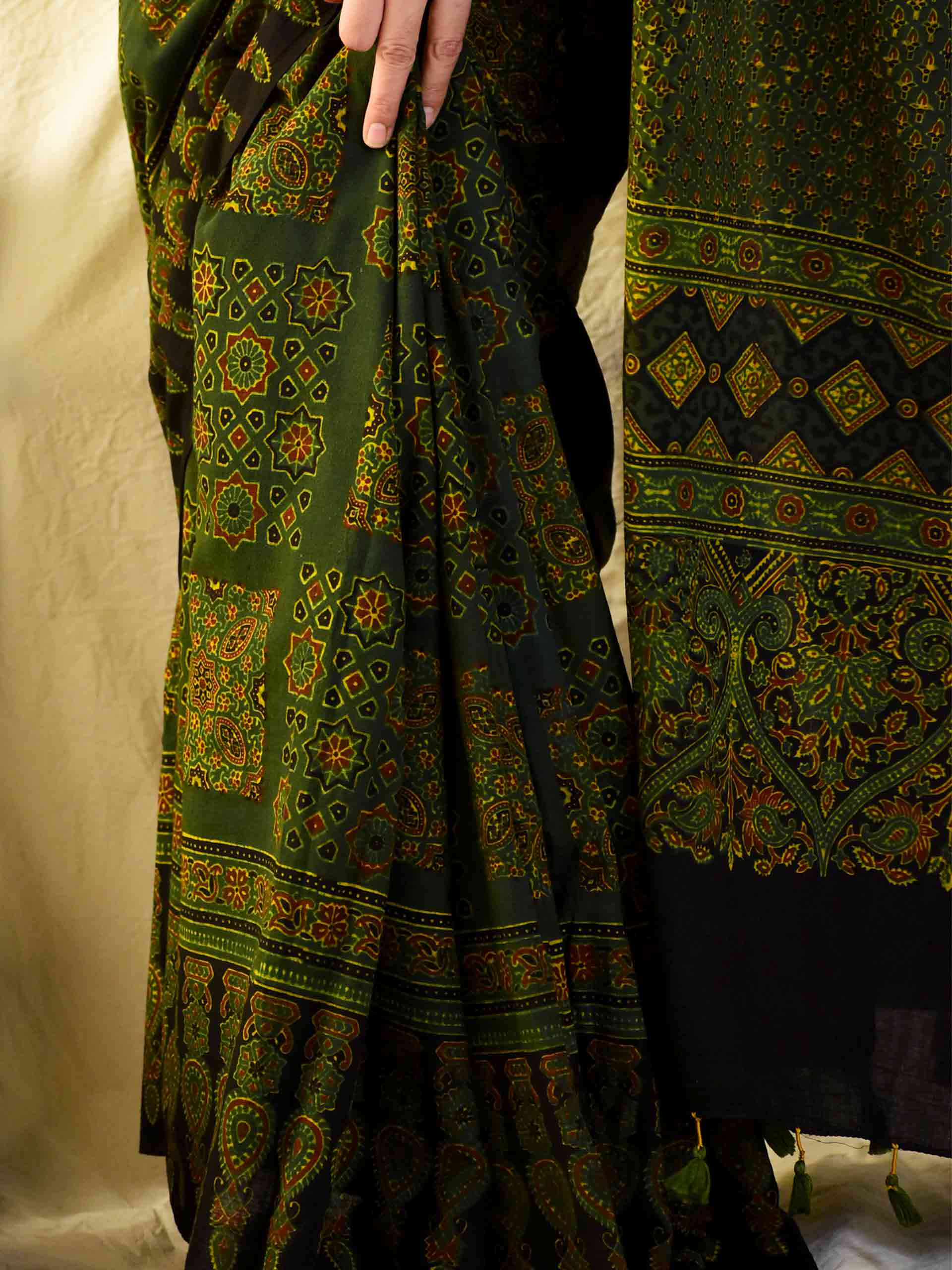 Mizaj -  Ajrakh hand block printed mul cotton saree