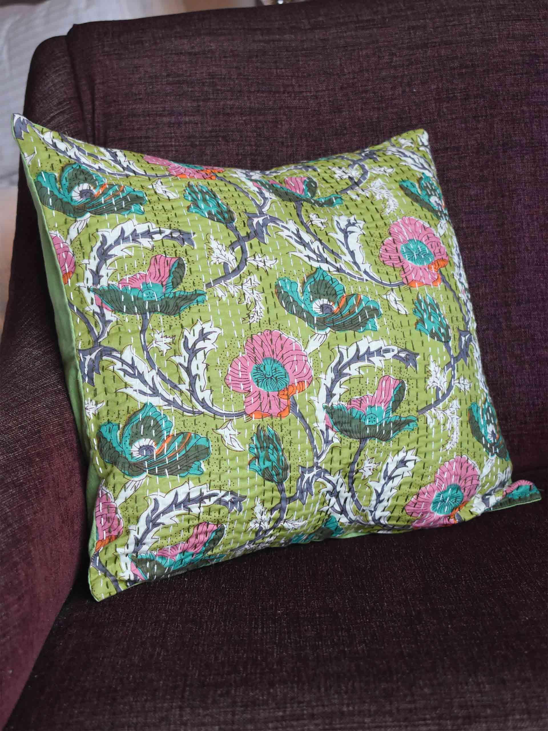 Ferns -  kantha embroidered cushion cover 16X16