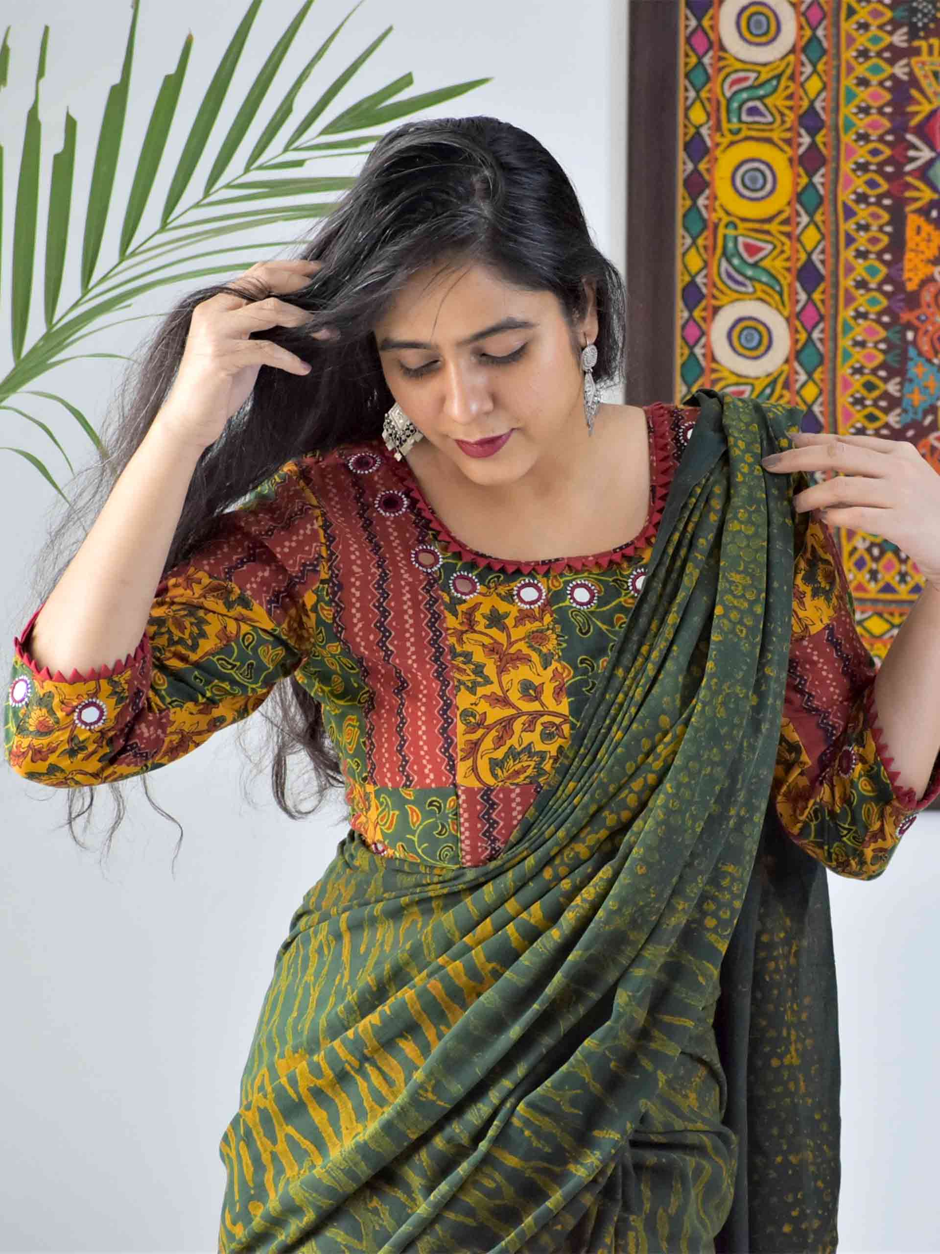  Ajrakh handblock printed Kutch mirror work blouse