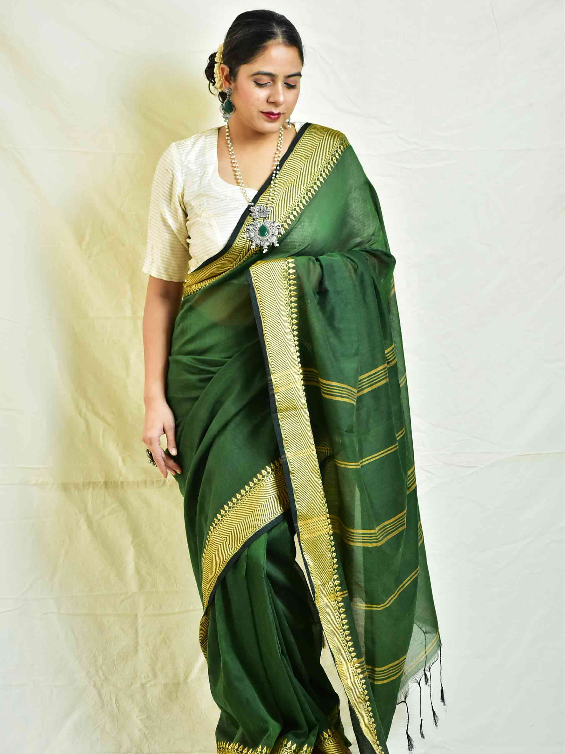 mehndi - cotton saree with woven border