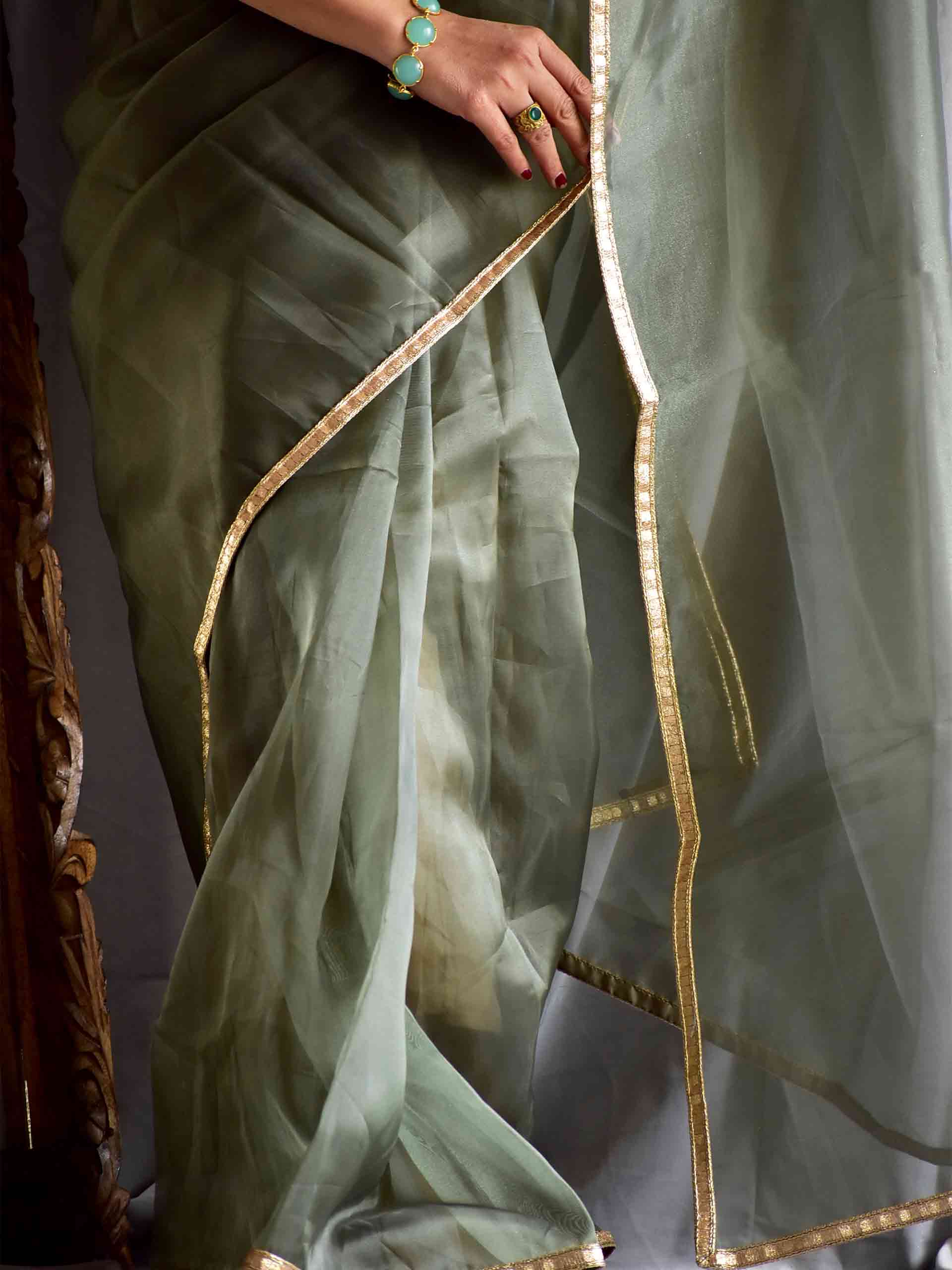 Buy Onirique Olive Organza Saree