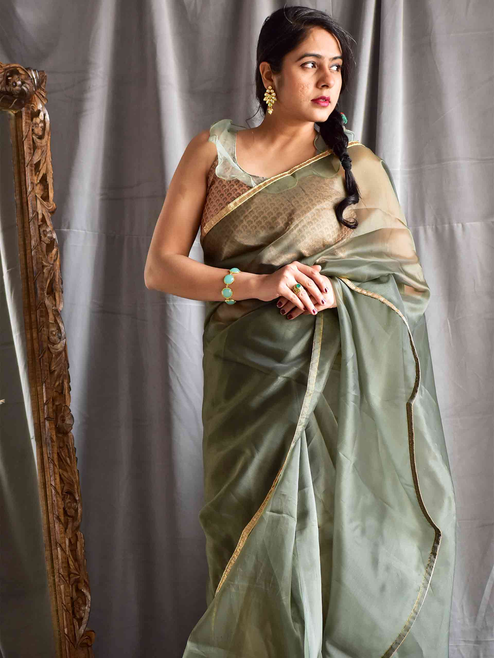 Buy Onirique Olive Organza Saree