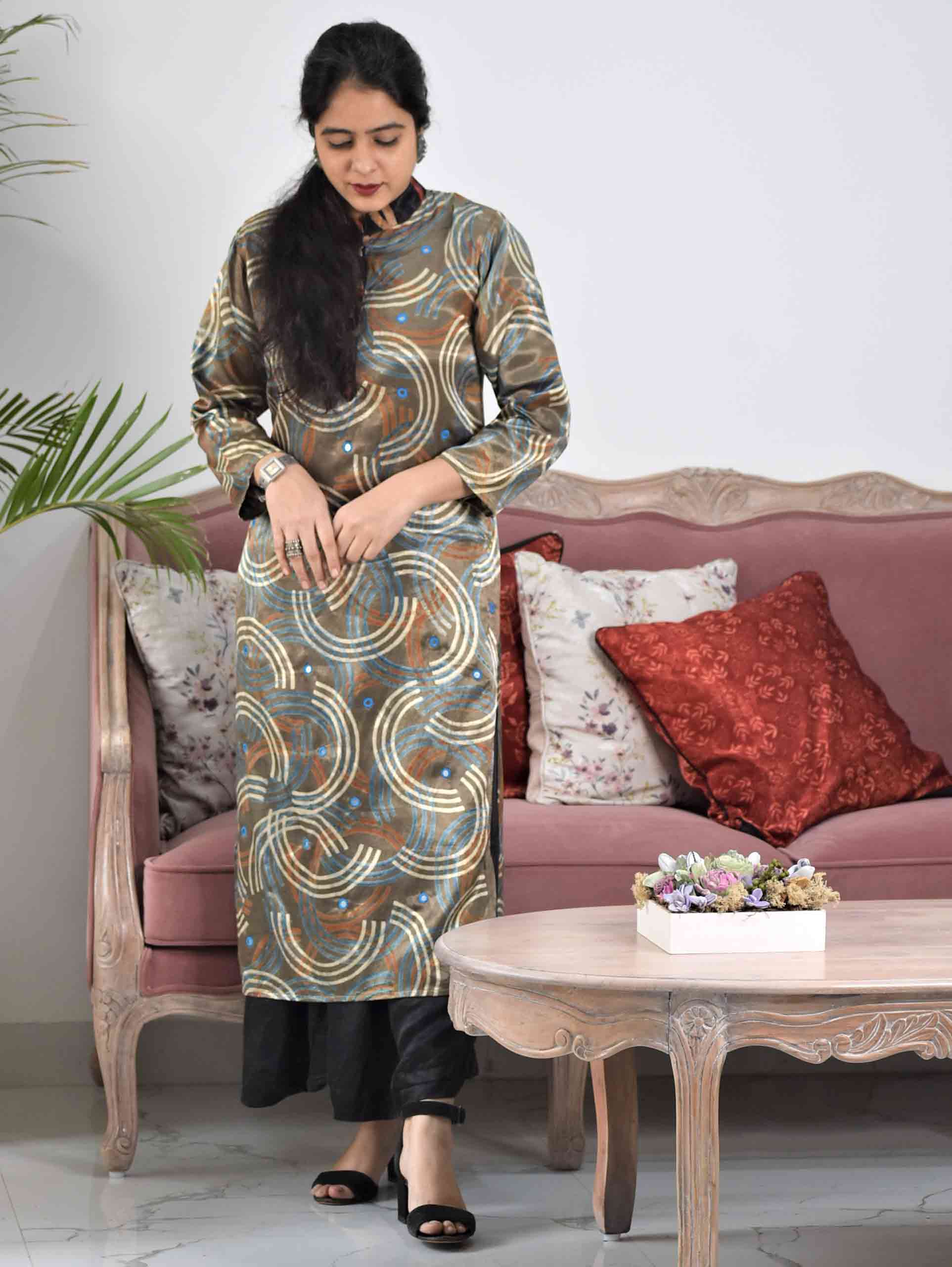 Buy Grey Ajrakh Mashru Silk Kurti Online