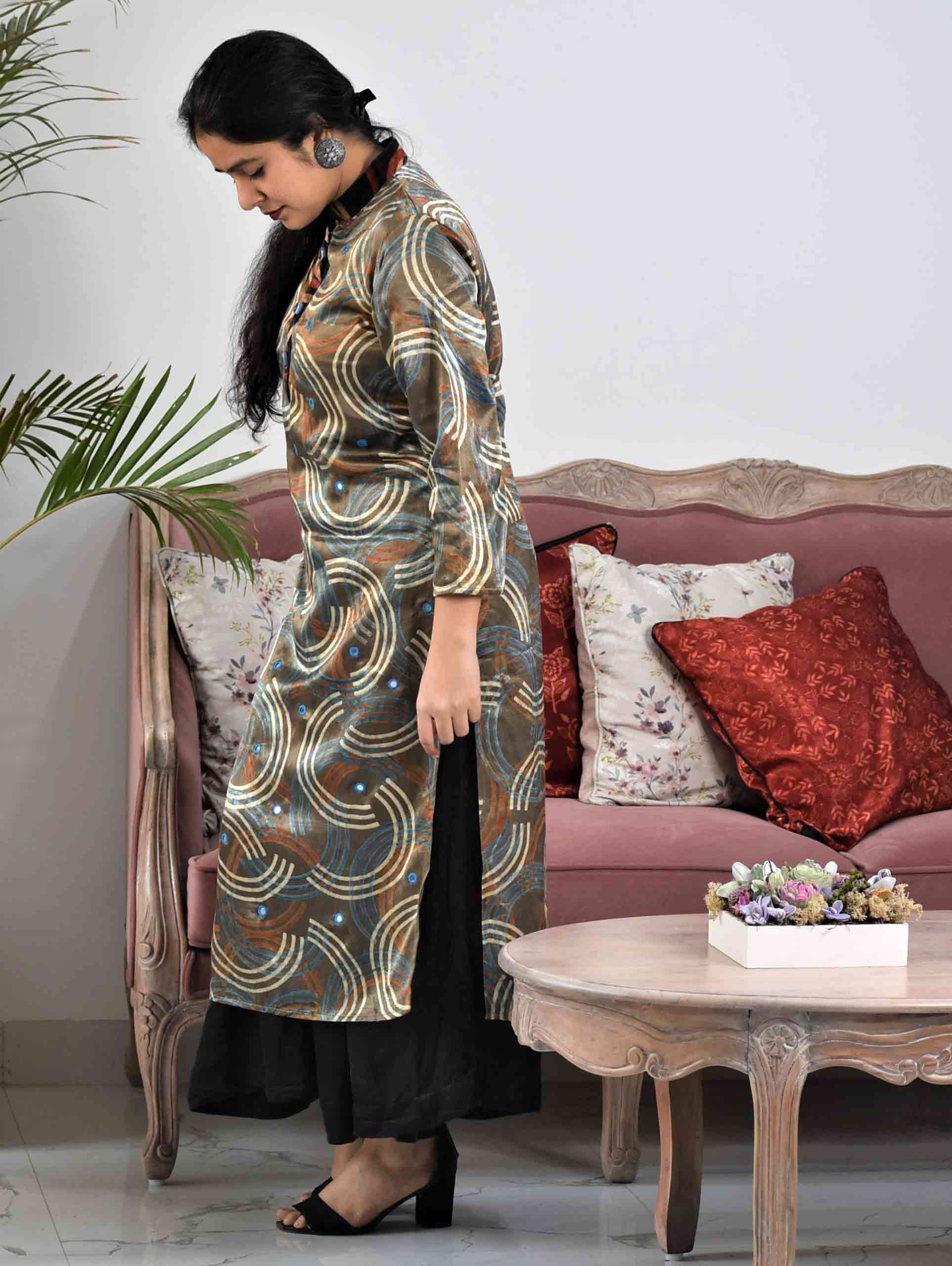 Grey Ajrakh hand block printed Mashru Silk Kurti Dress