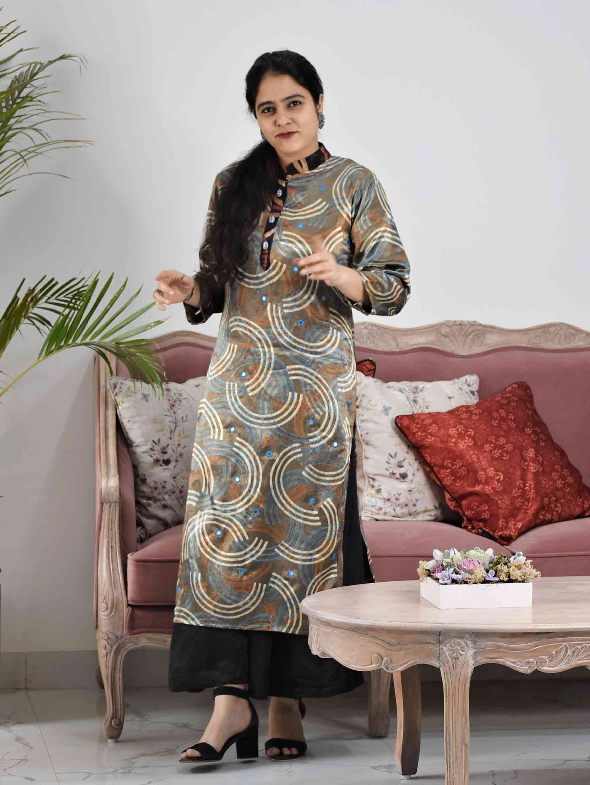 Grey Ajrakh Mashru Silk Kurti Dress hand embroidered