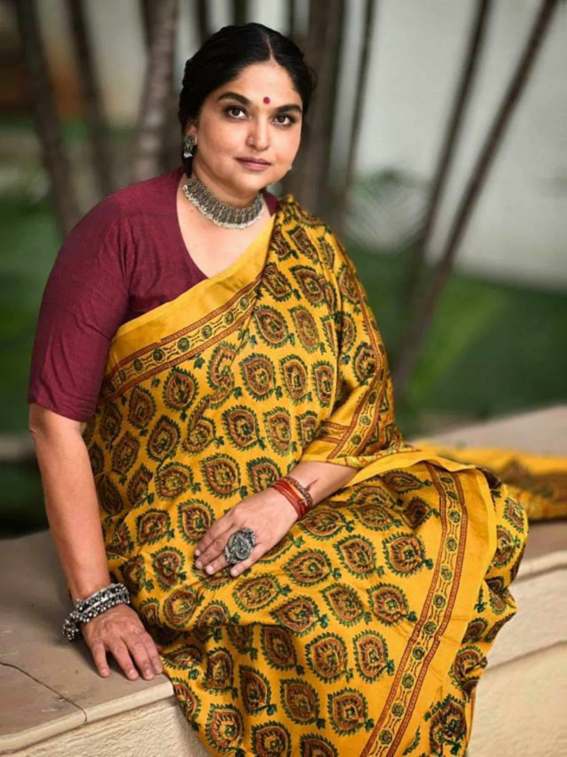 Turmeric Ajrakh hand block printed Modal silk saree