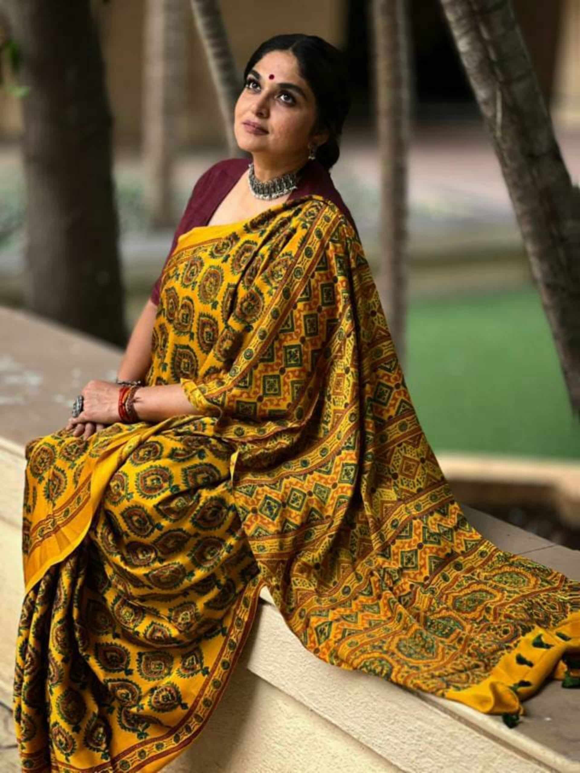 Turmeric Ajrakh hand block printed Modal silk saree