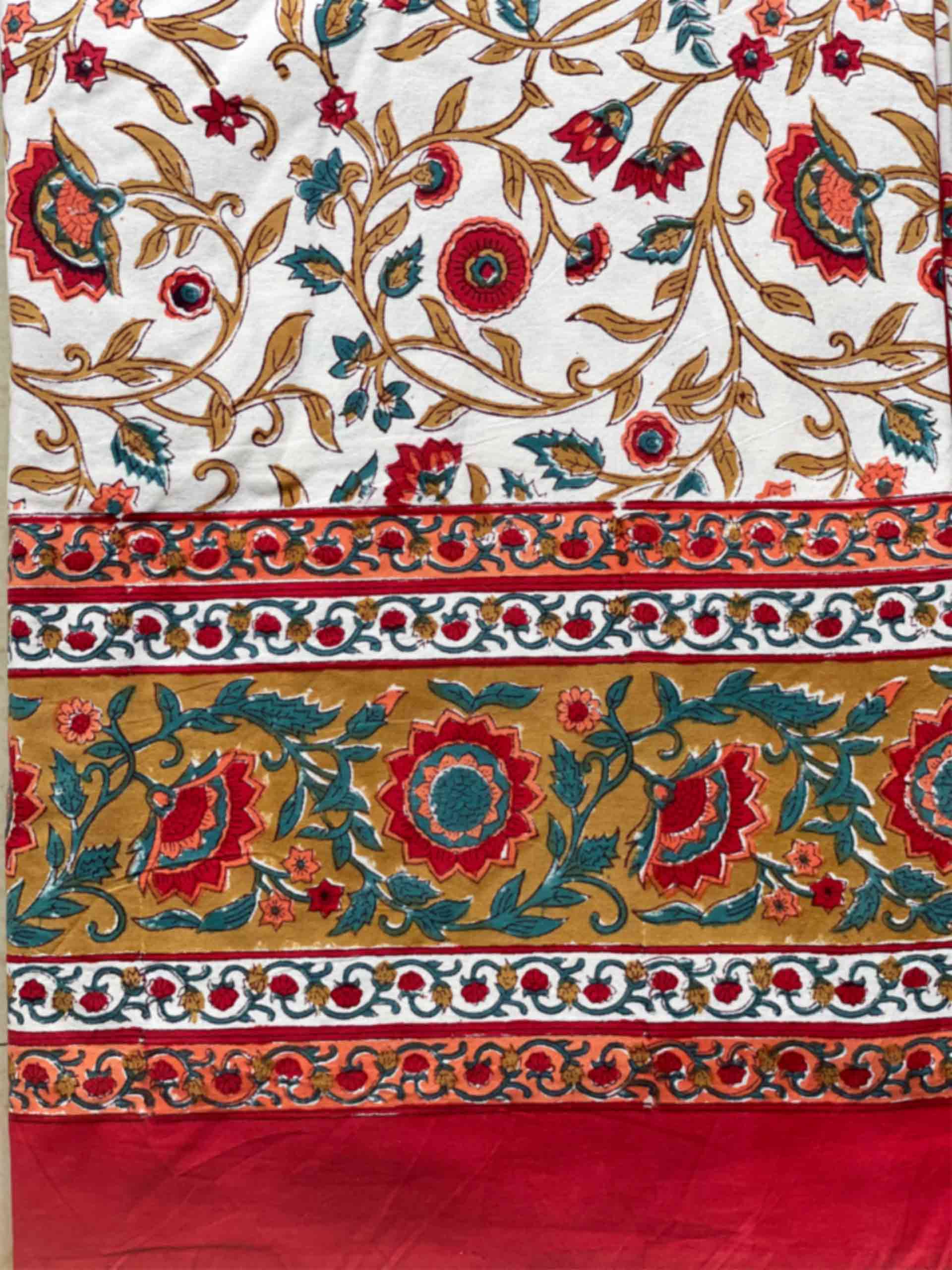 Nindiya - Floral block printed cotton double bedsheet with pillow covers
