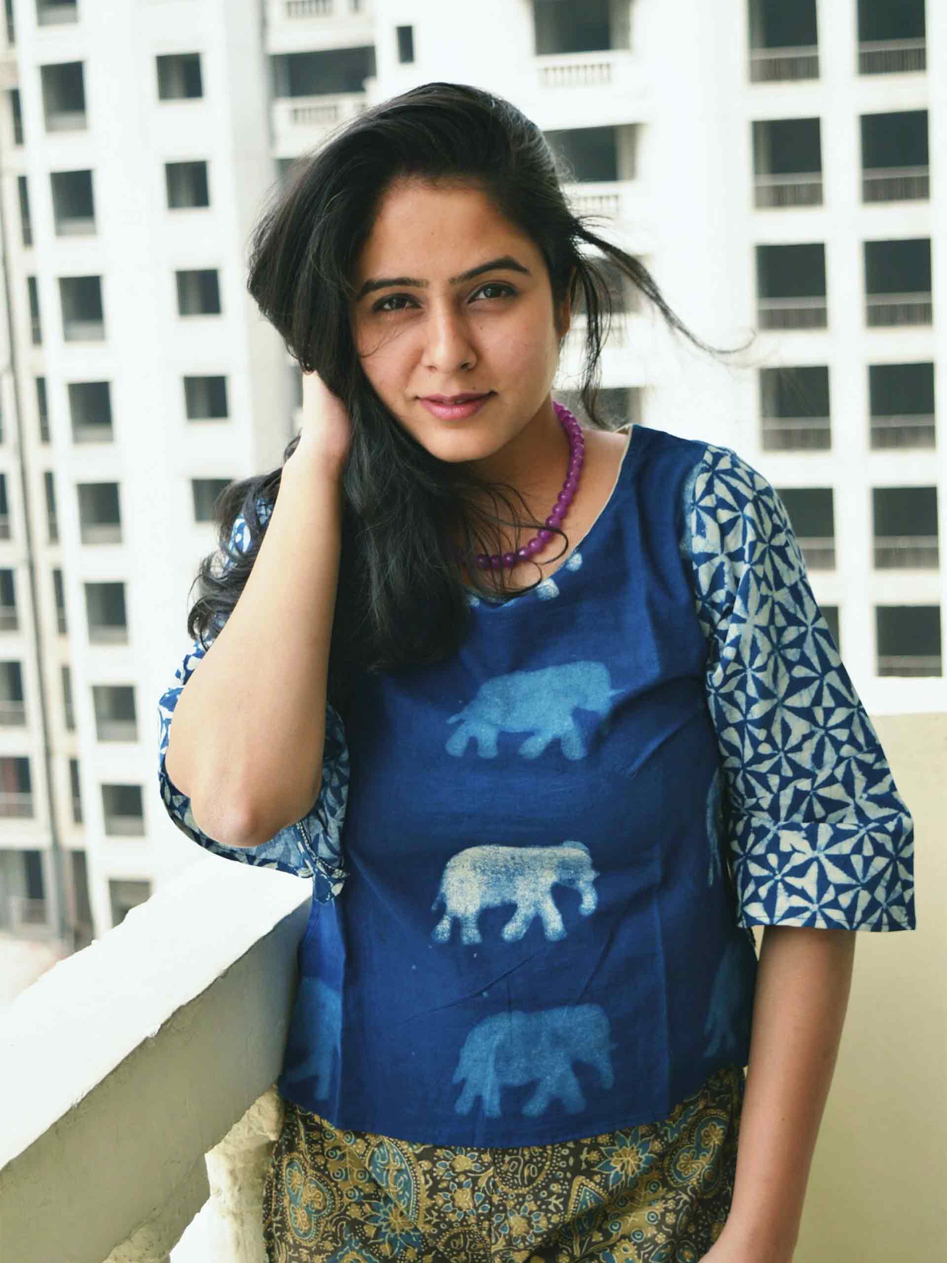 Indigo Elephant Dabu hand block print cotton crop top