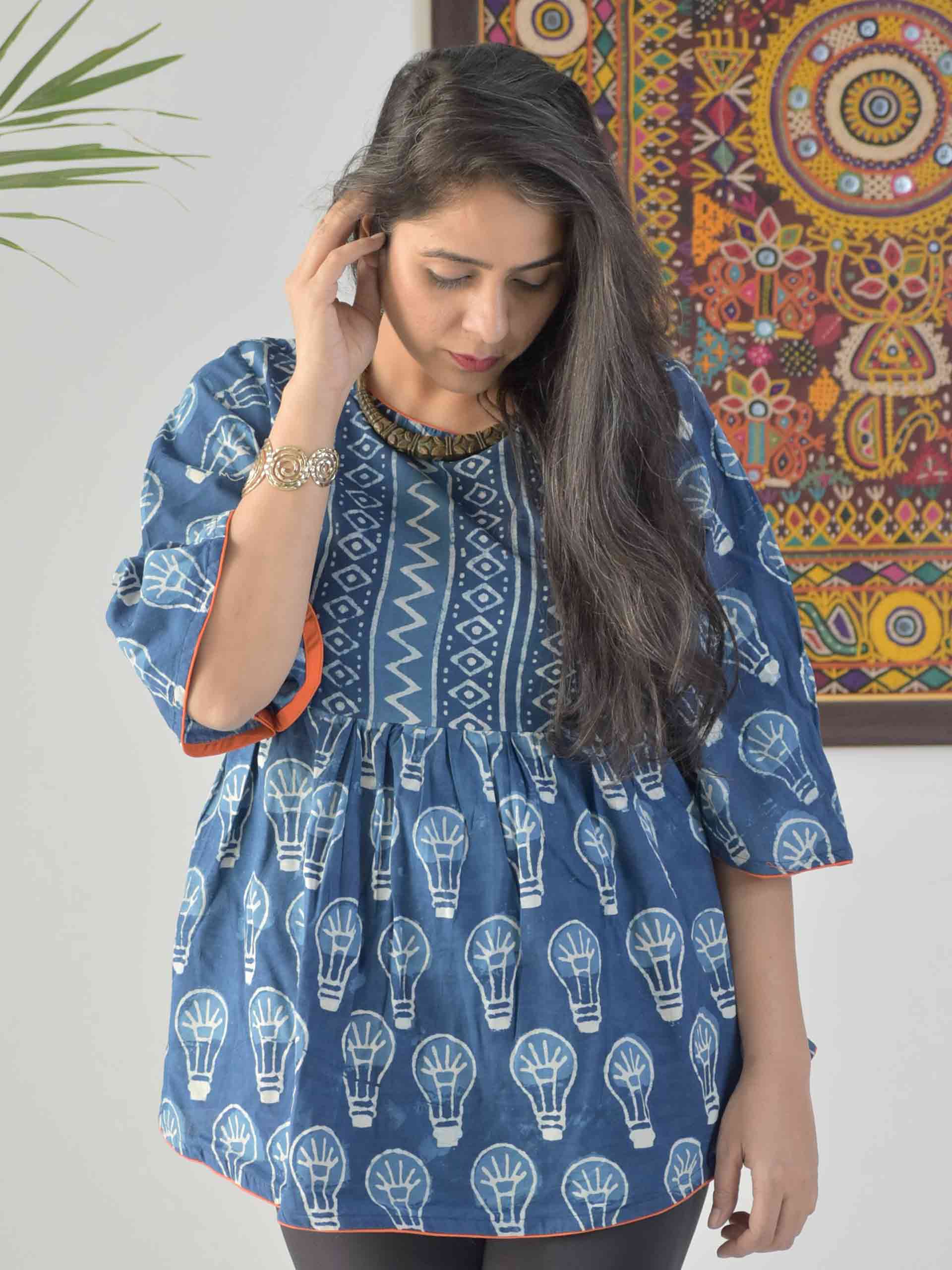 Buy Indigo Dabu hand block printed cotton long flared top Online