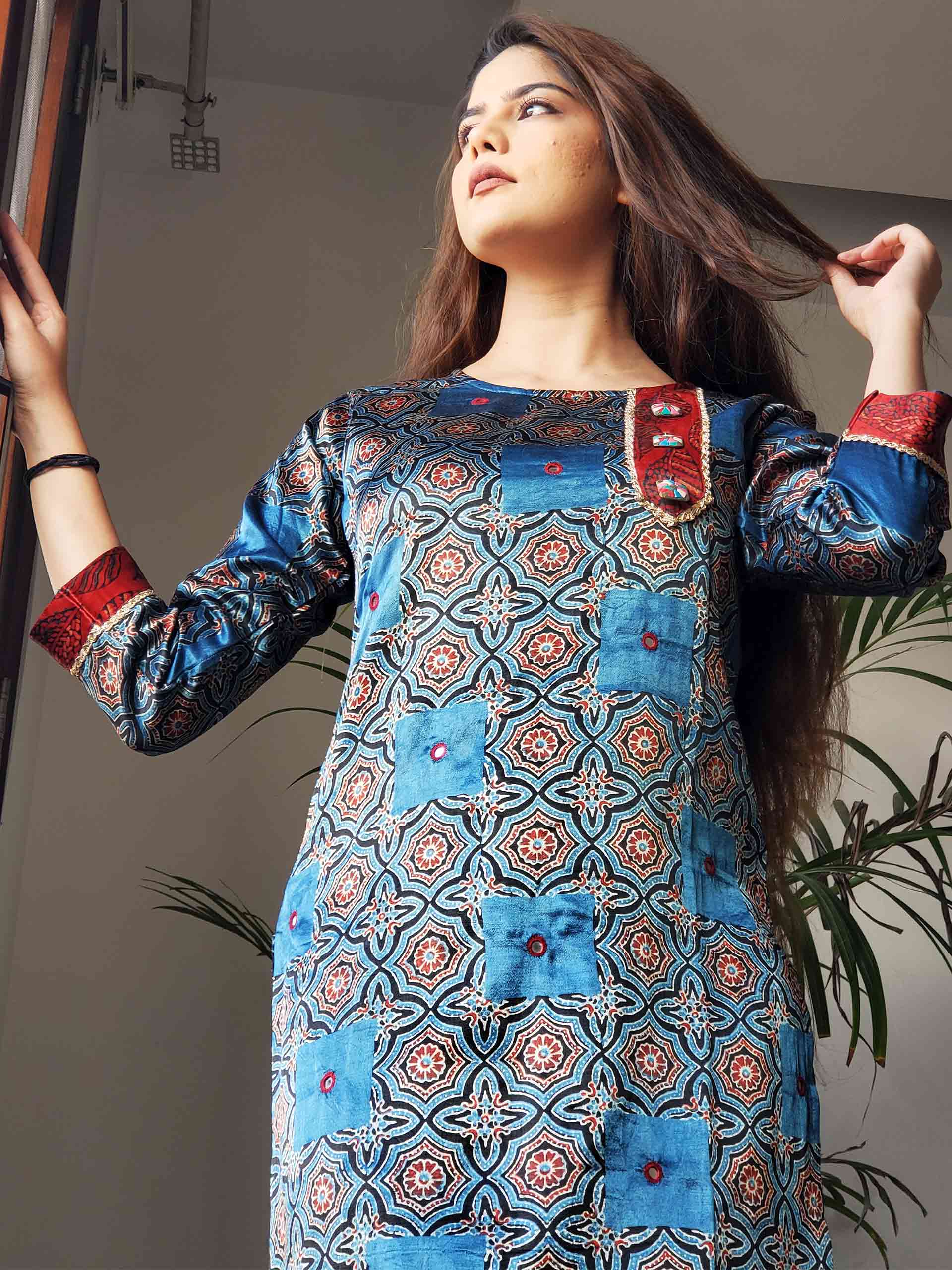 Indigo Maroon Ajrakh Designer Dresses