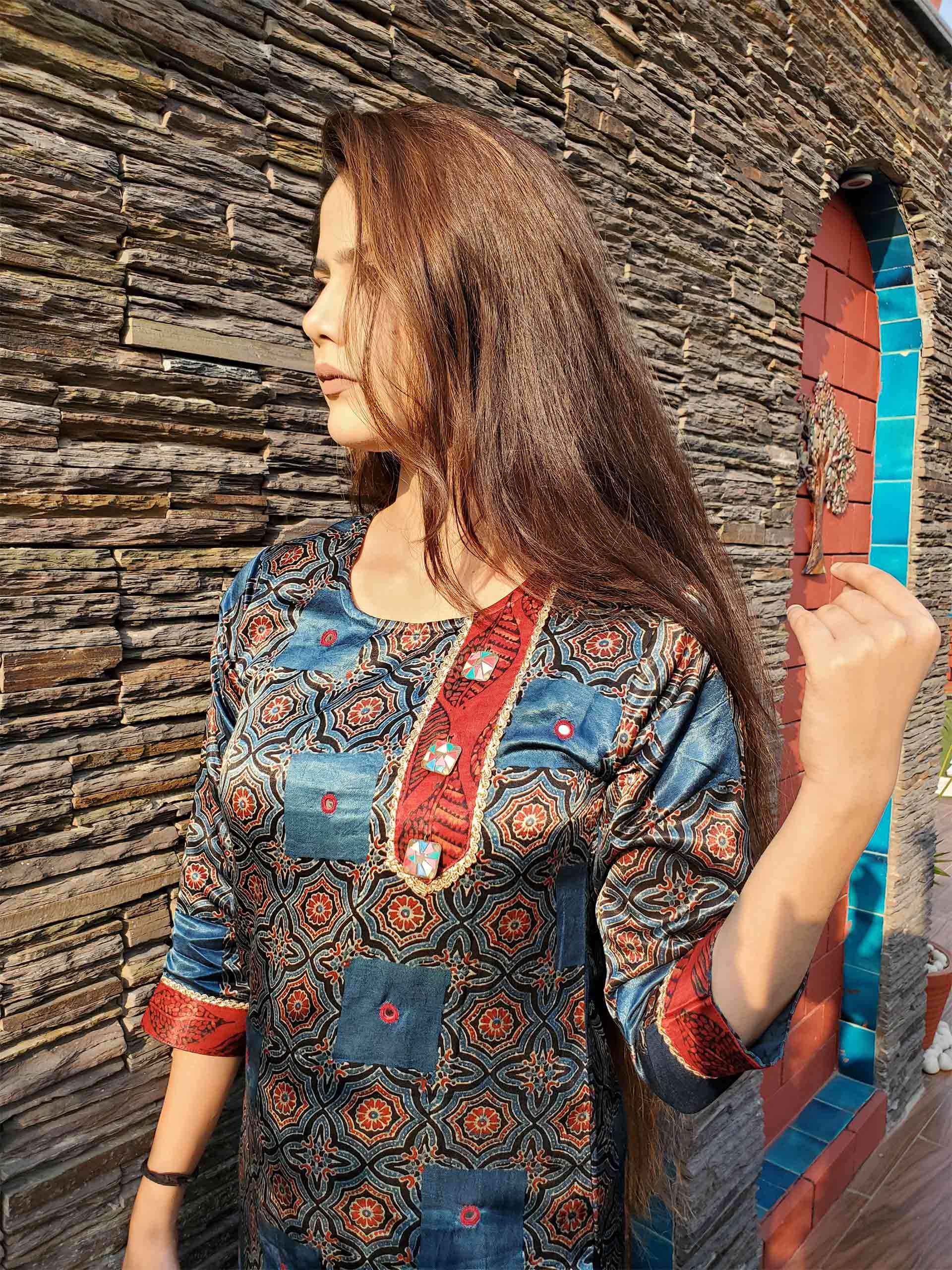 Indigo Maroon Ajrakh Mashru Silk Kurtis and Dresses