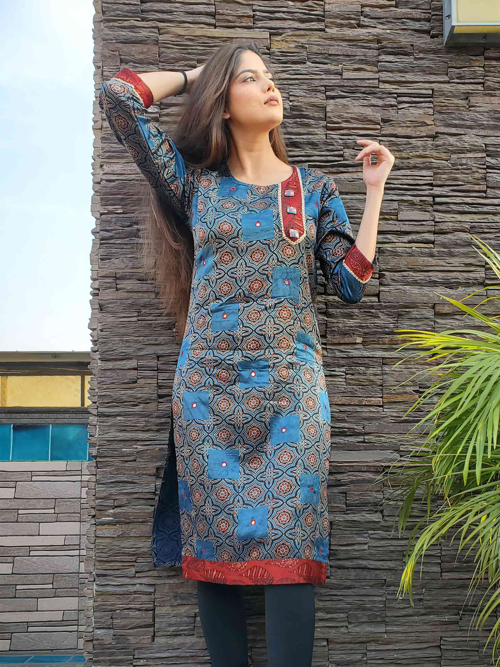 Indigo Maroon Ajrakh Mashru Silk Kurtis and Dresses