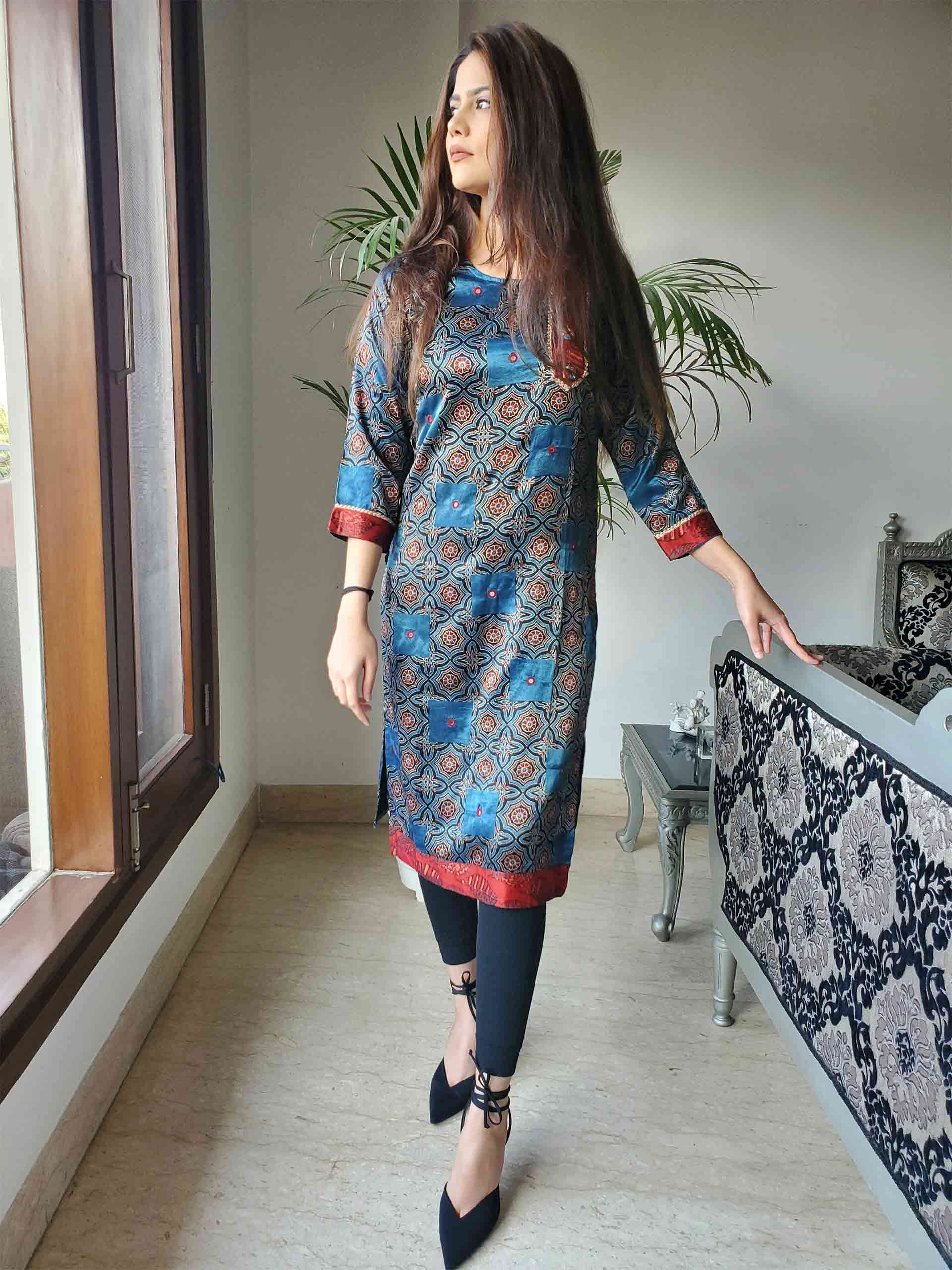 Indigo Maroon Ajrakh Mashru Silk Kurtis and Dresses