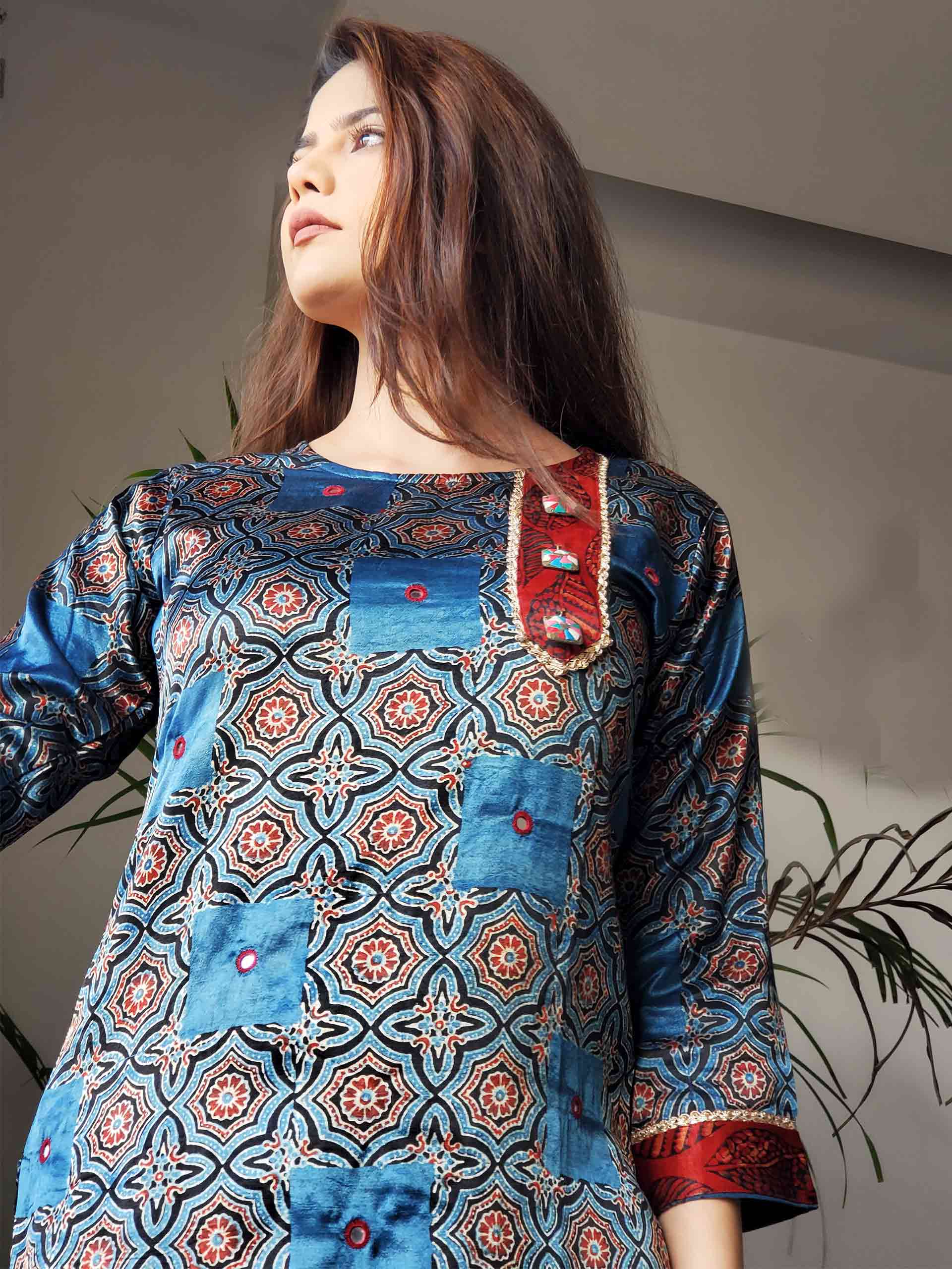 Indigo Maroon Ajrakh Mashru Silk Kurtis and Dresses