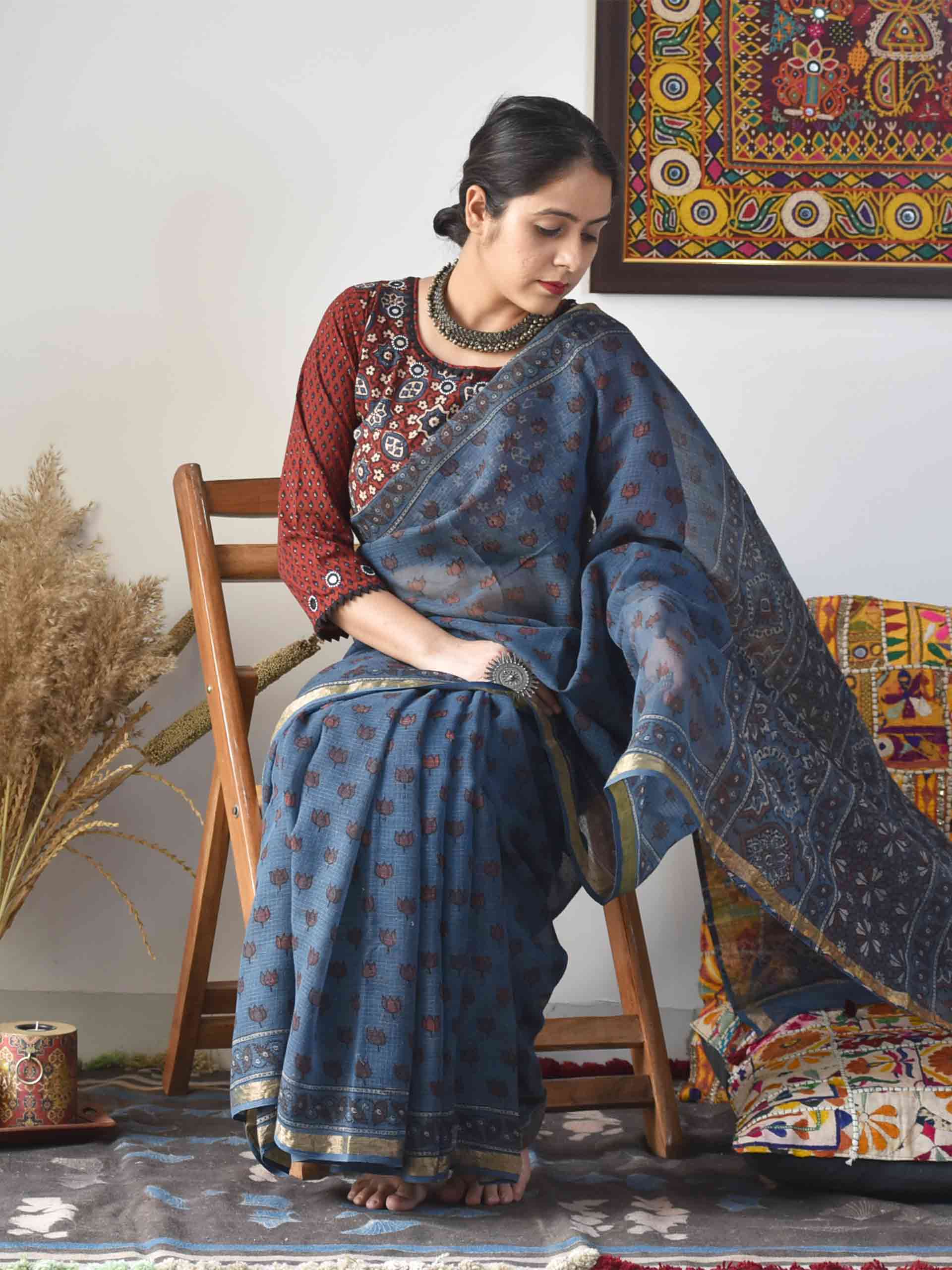 Ajrakh Handblock printed Kota Doria saree