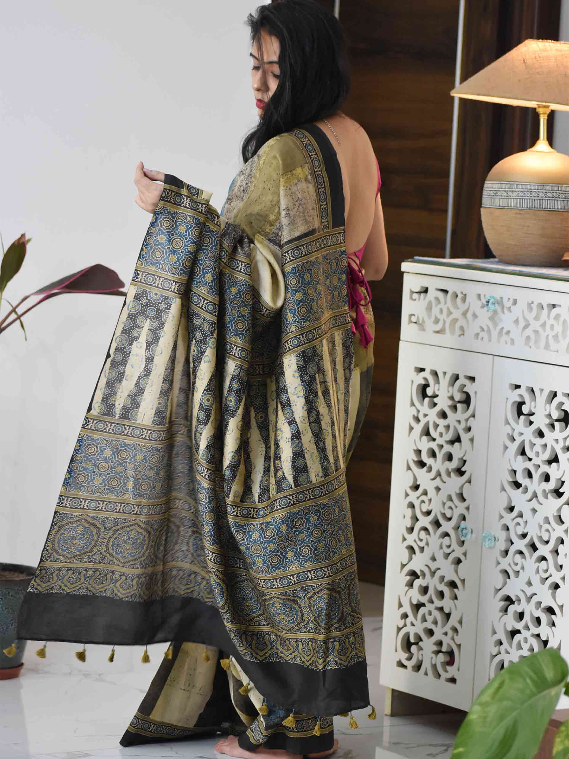 ajrakh silk saree