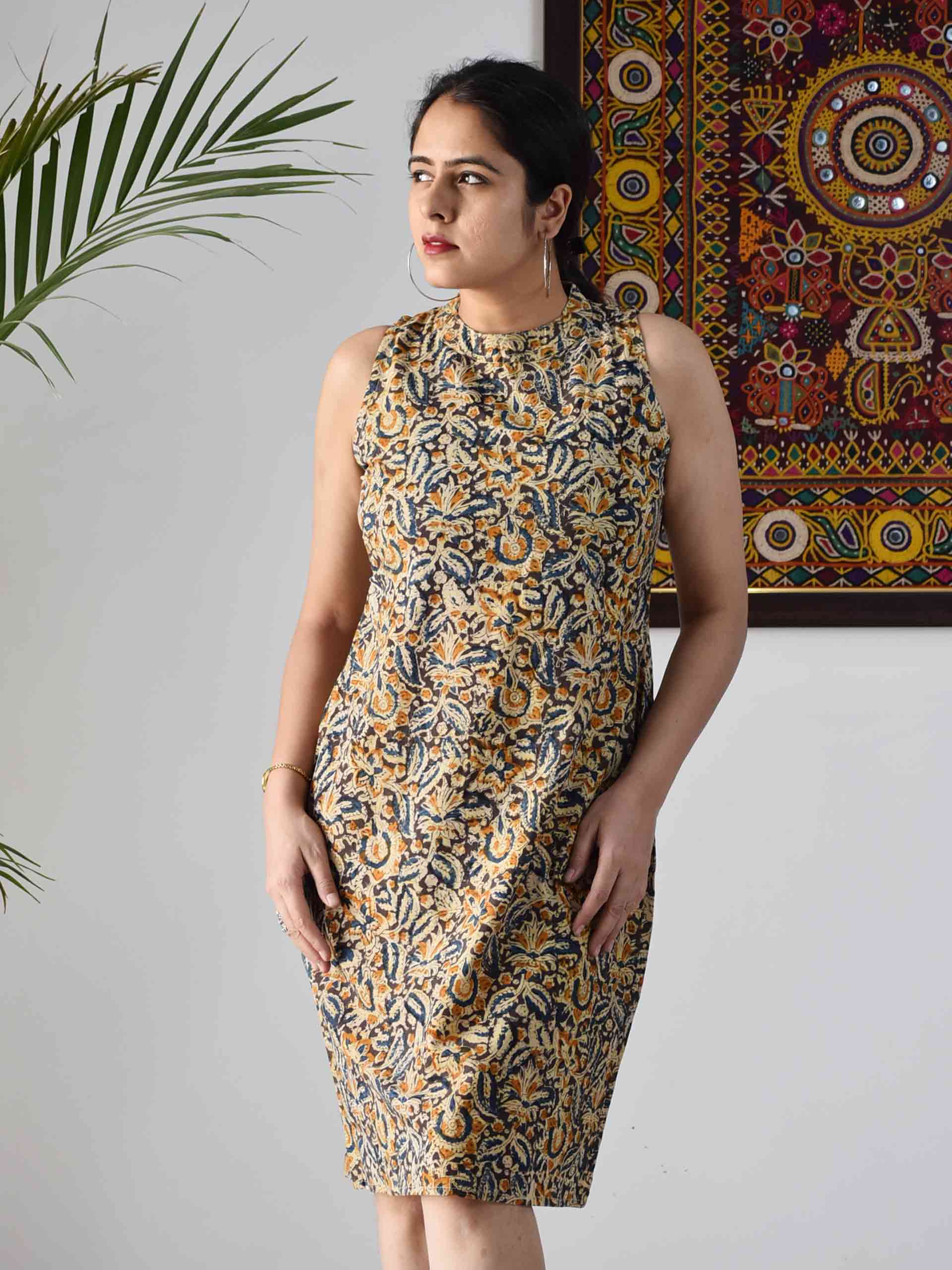 Buy Blue Kalamkari Handblock printed sheath dress online