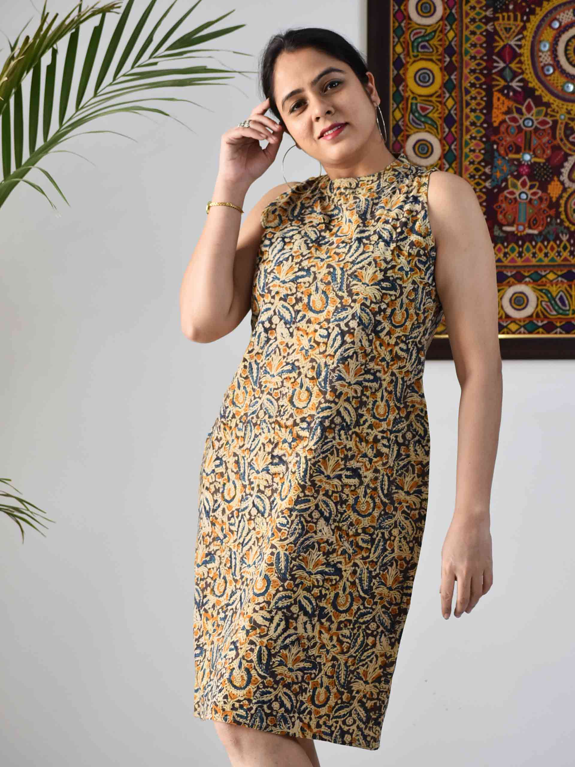 Buy Blue Kalamkari Handblock printed sheath dress online