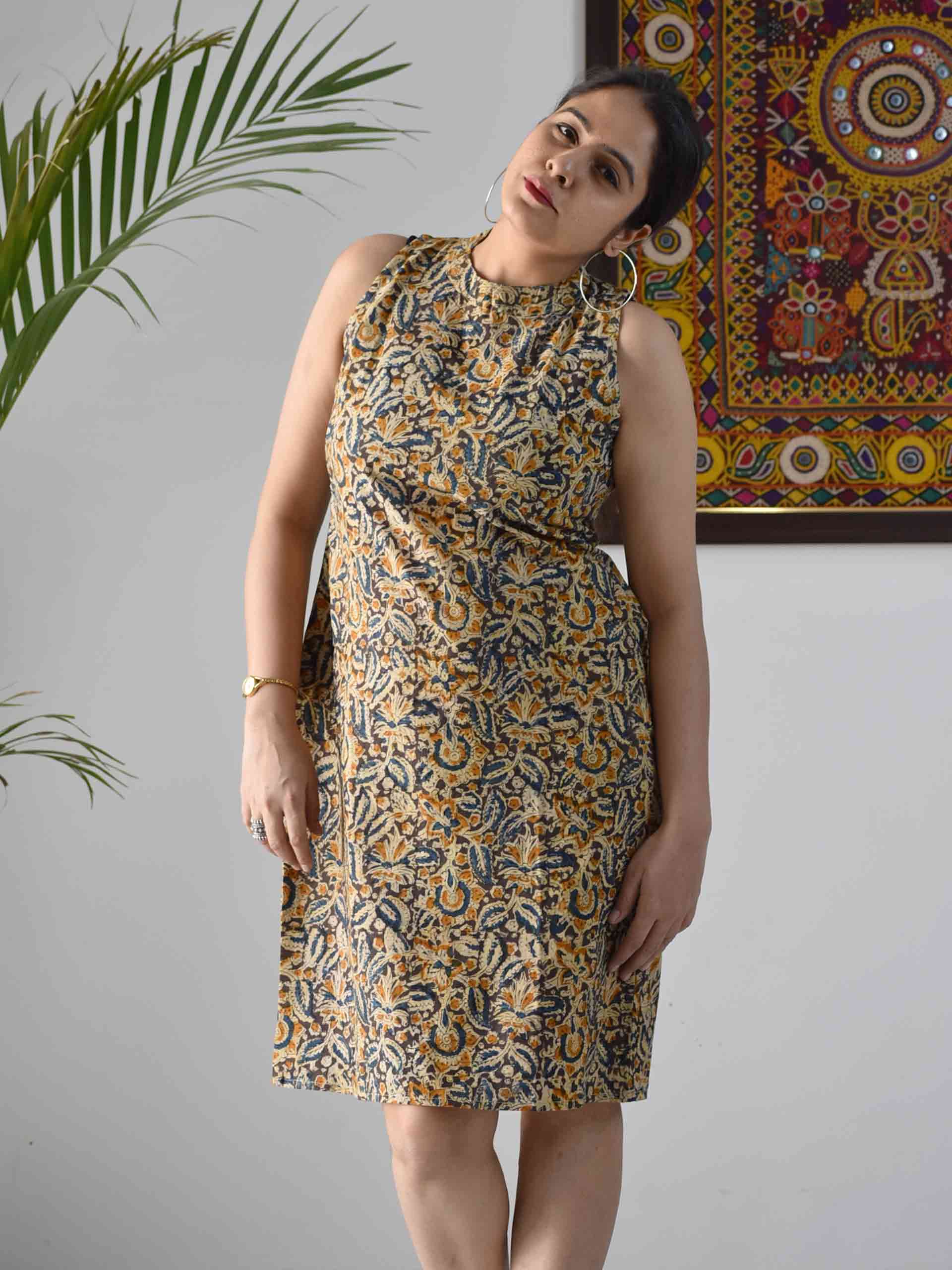 Buy Blue Kalamkari Handblock printed sheath dress online