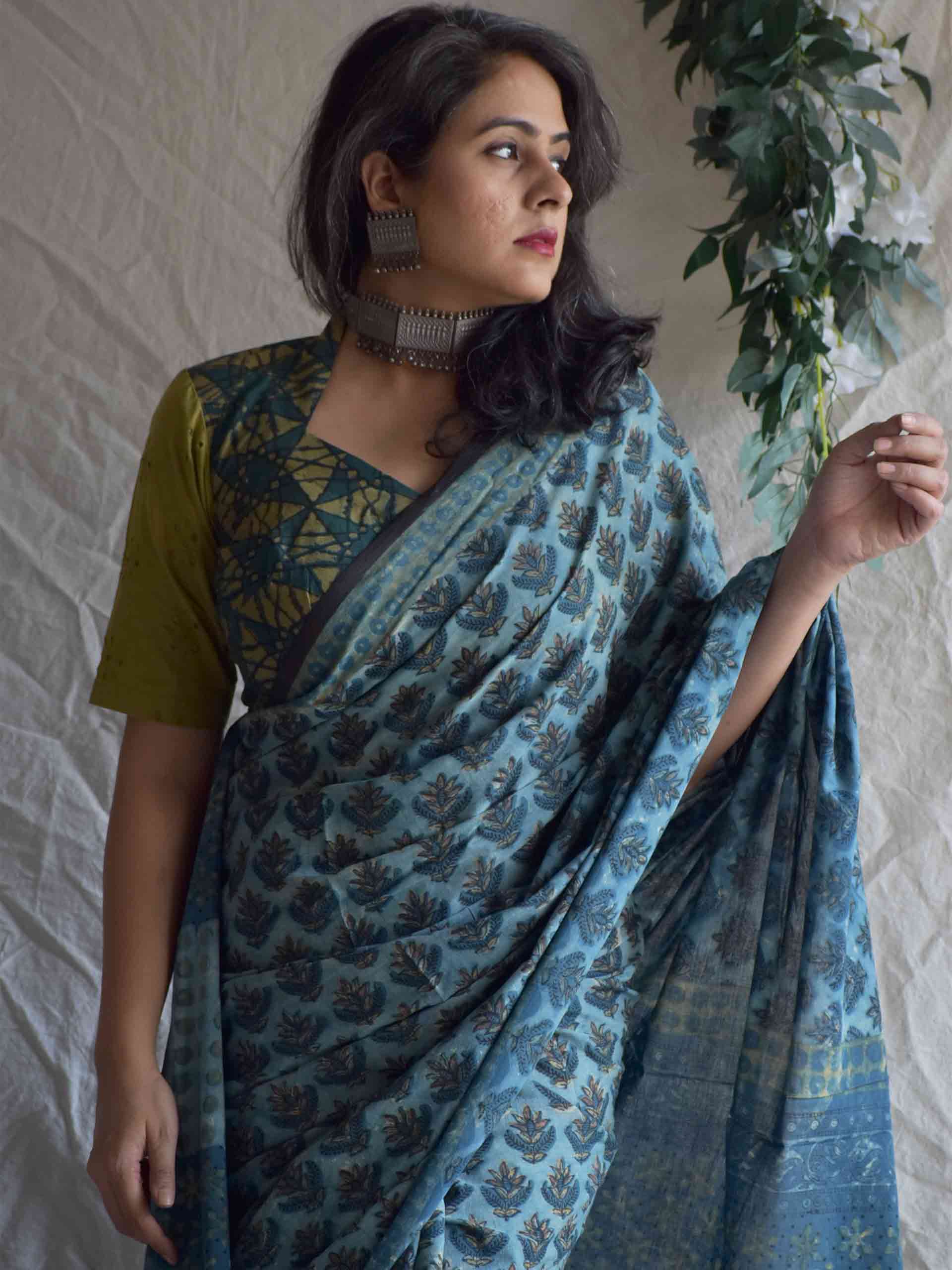 Dabu hand block printed mul cotton saree