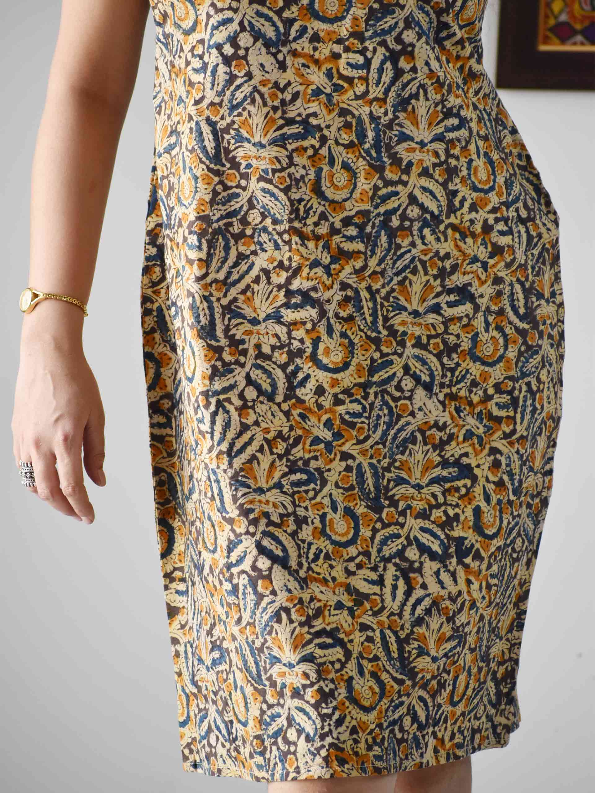 Buy Blue Kalamkari Handblock printed sheath dress online