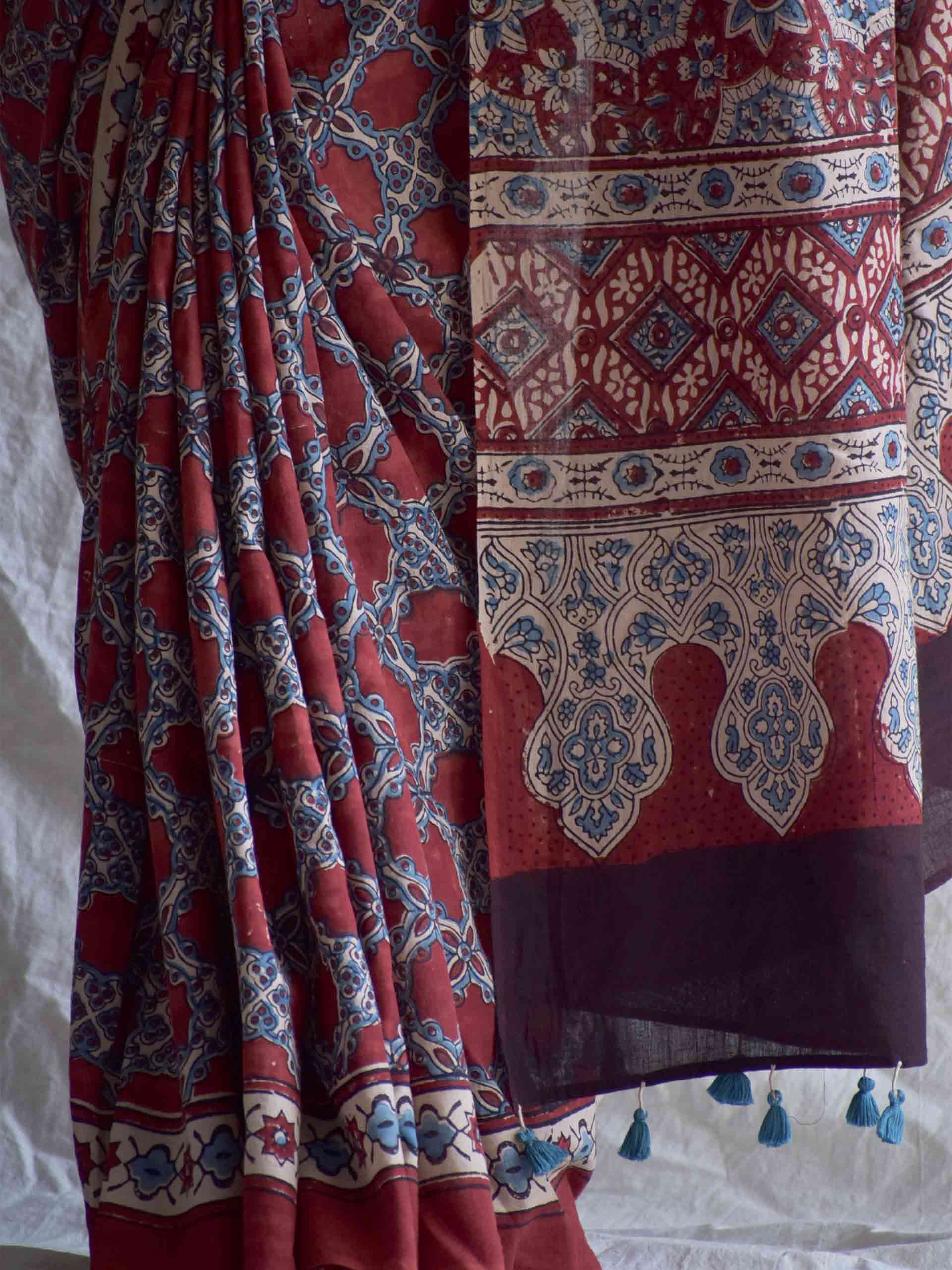 Manjishtha -  Ajrakh hand block printed mul cotton saree