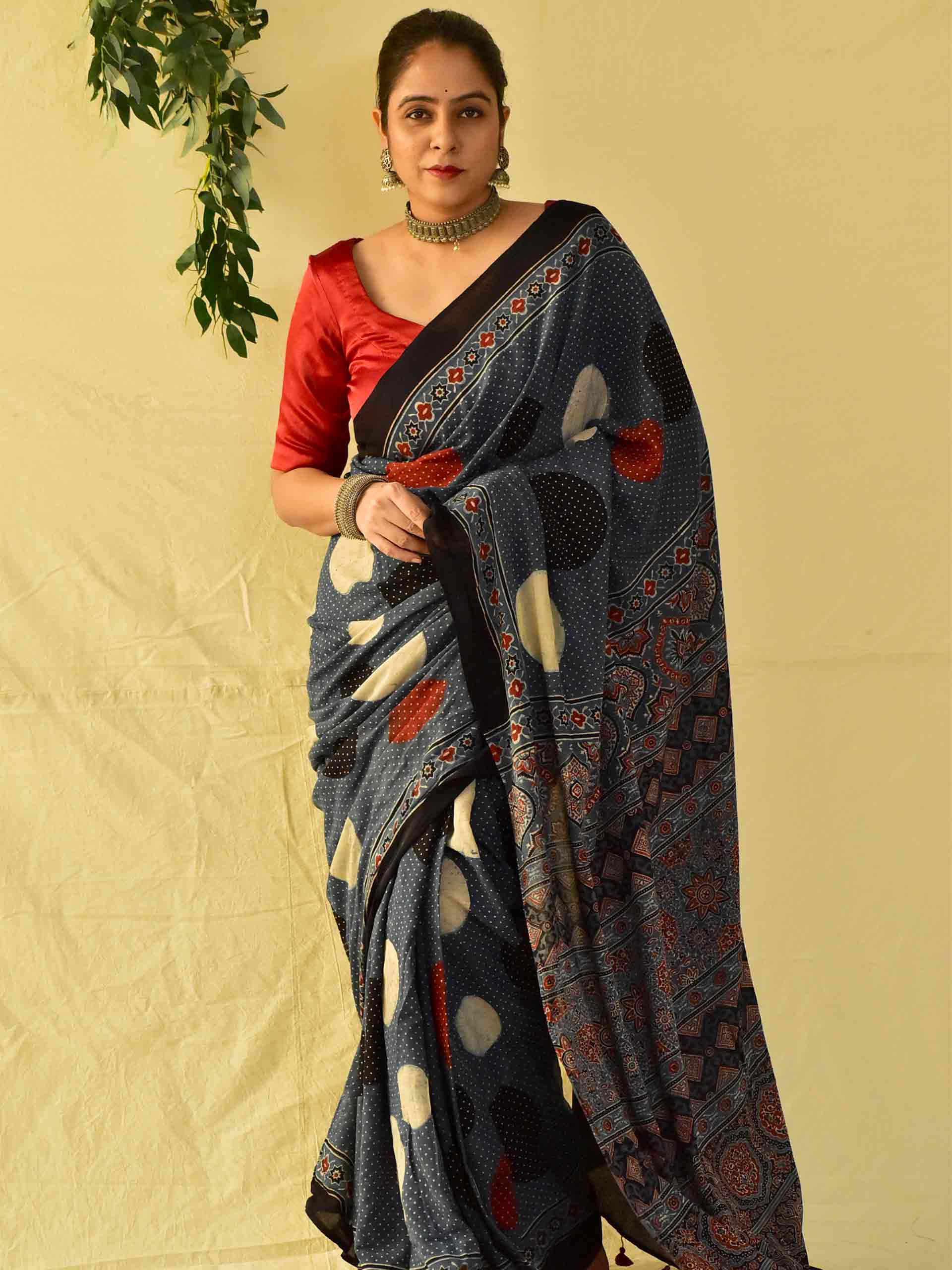 Ajrakh hand block printed mul cotton saree