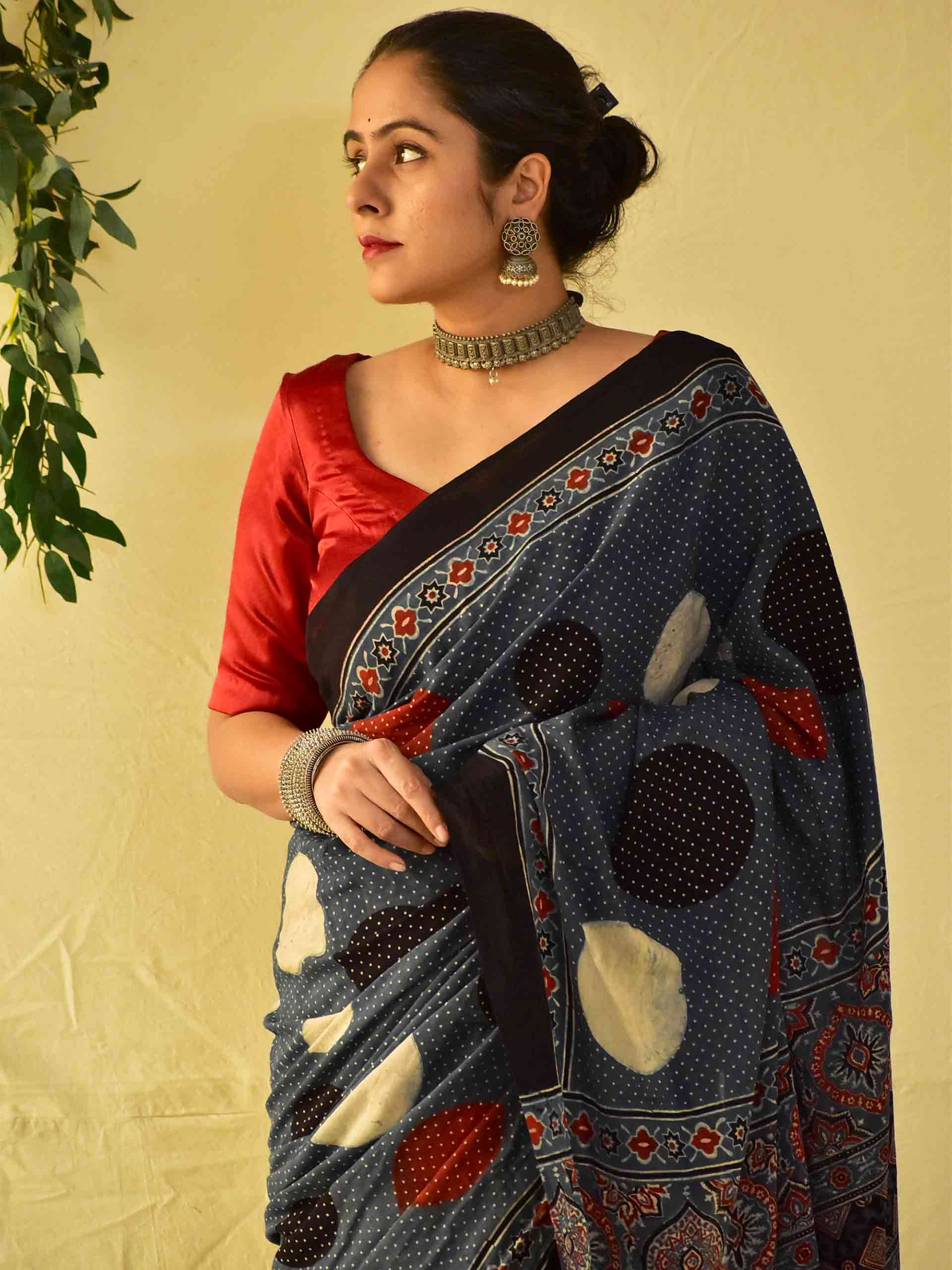 Ajrakh hand block printed mul cotton saree