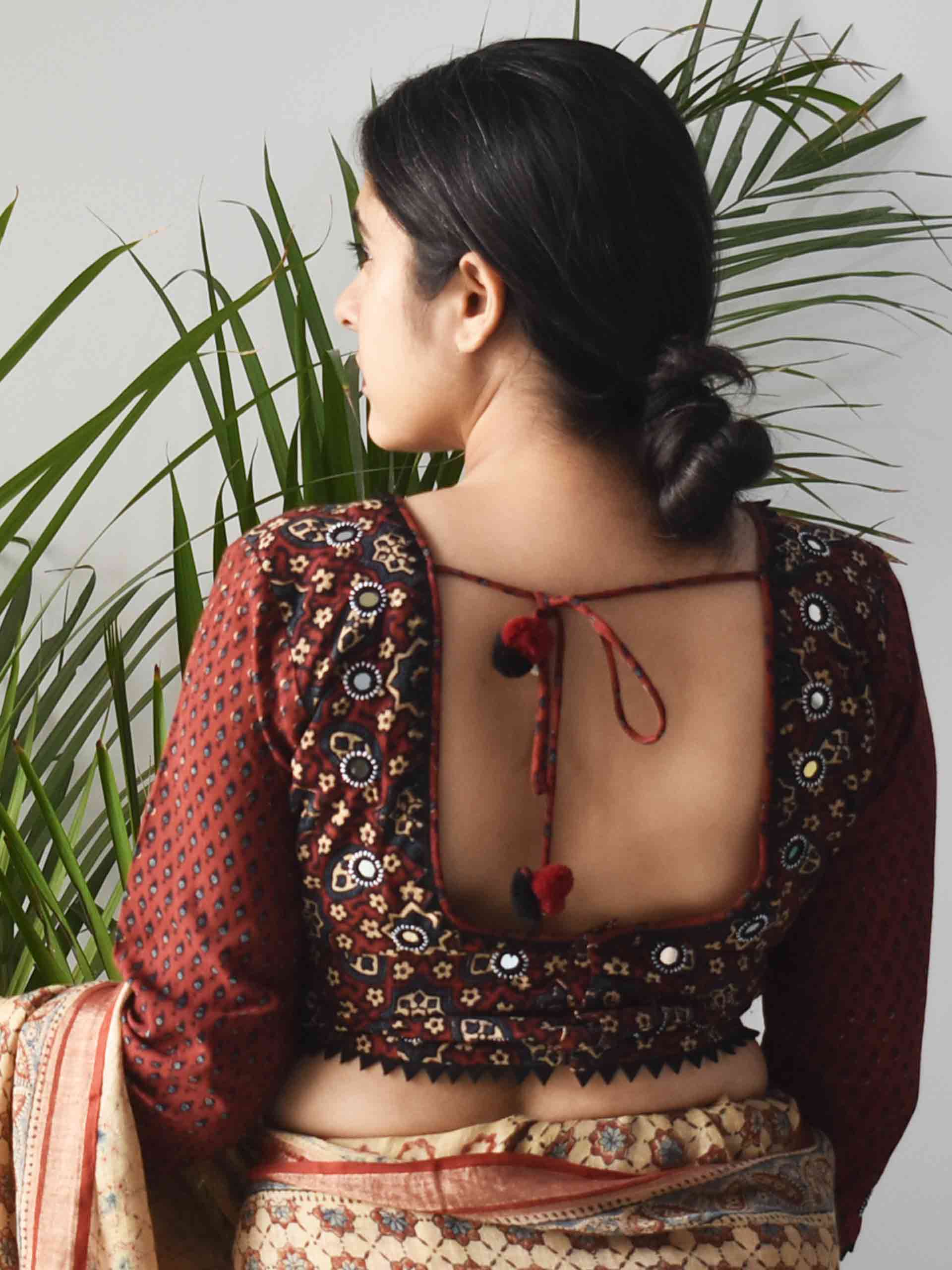 Ajrakh kutch mirror work designer blouse back design