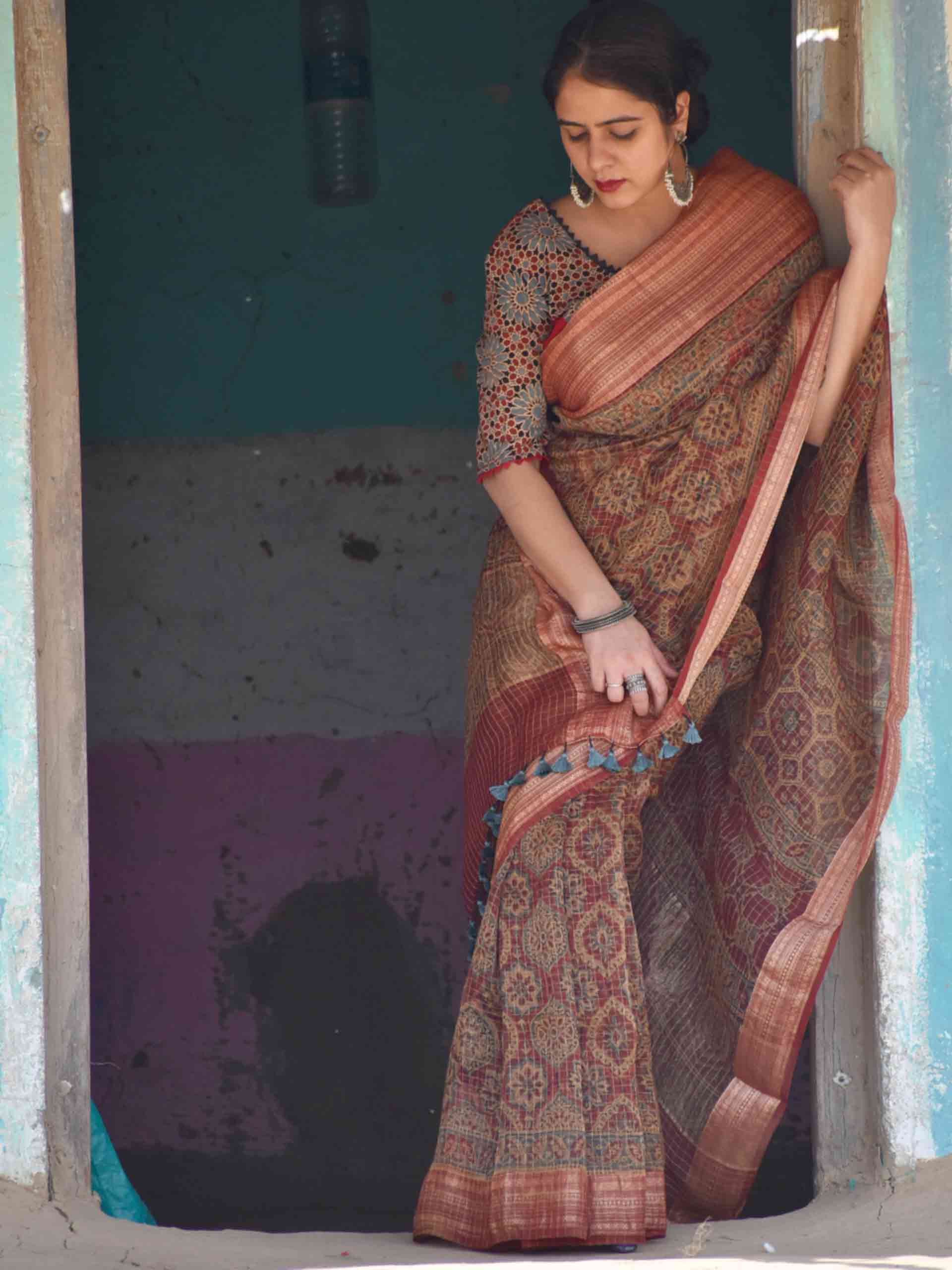 Buy Ajrakh Handloom Organza Saree Online