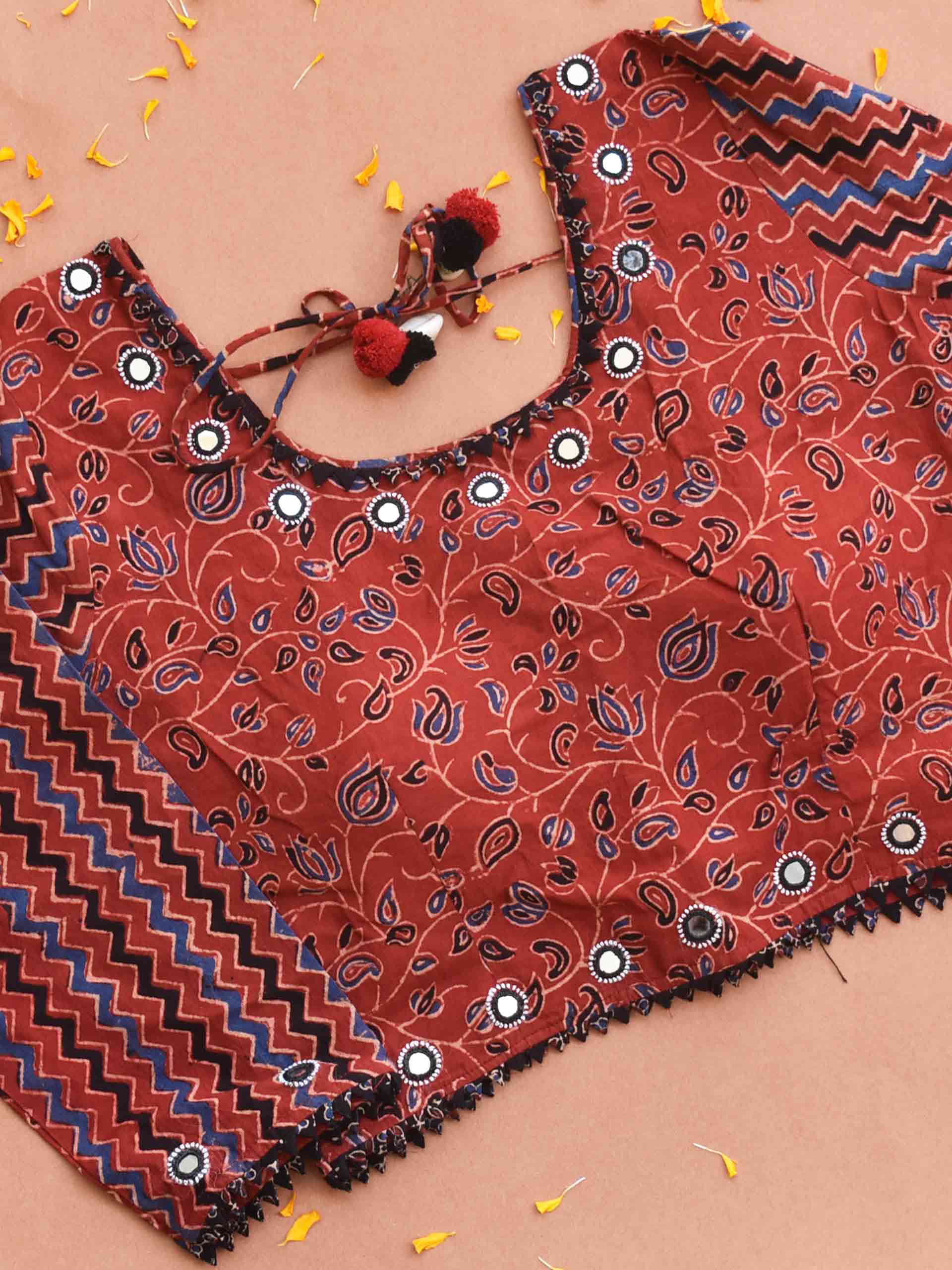 Maroon Floral-Stripes Ajrakh hand block printed Kutch mirror work blouse